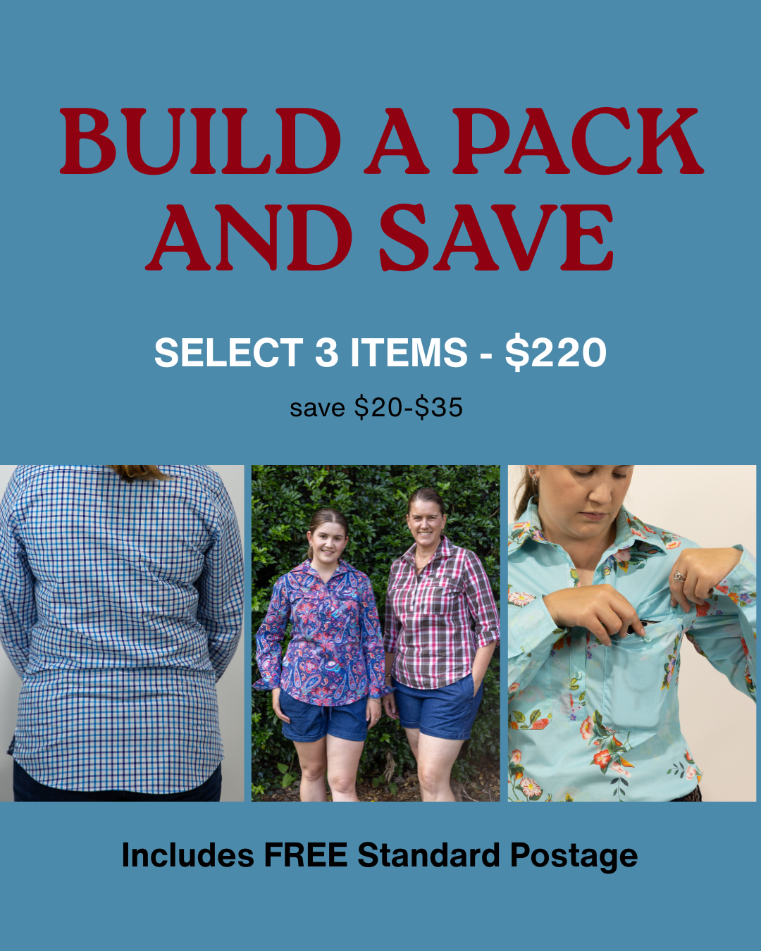 Promotional graphic for building a pack and saving with product images and text on a blue background.