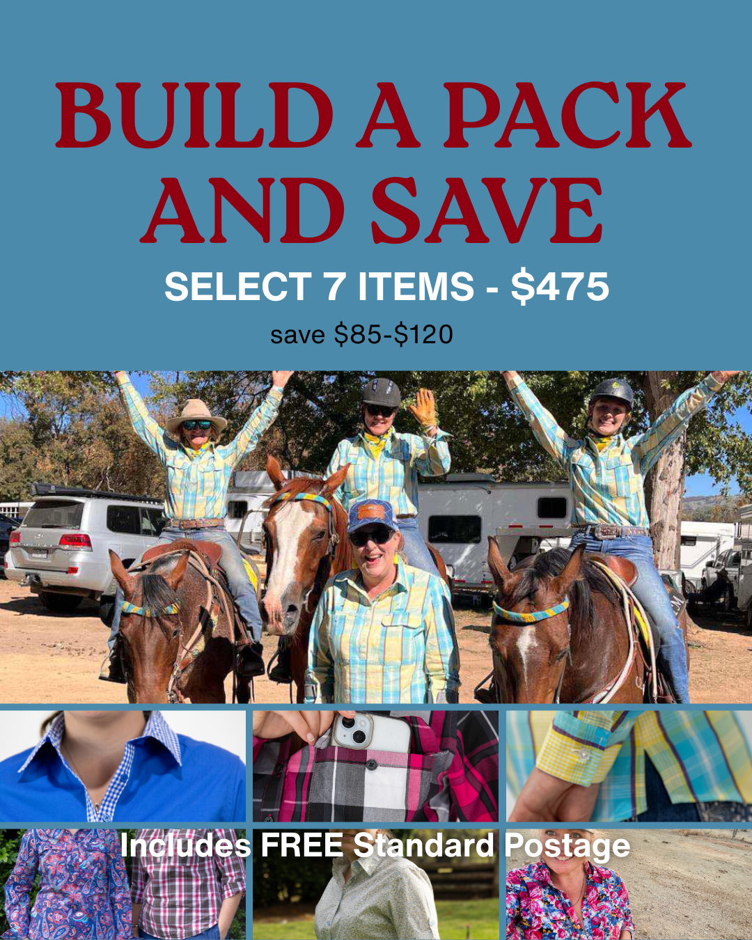 Promotional flyer for a pack of items with people and horses, featuring text about savings and free postage.