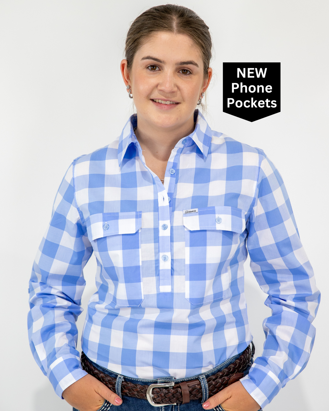 Abagail - 1/2 Button Front Check Long Sleeve Cotton Collared Shirt