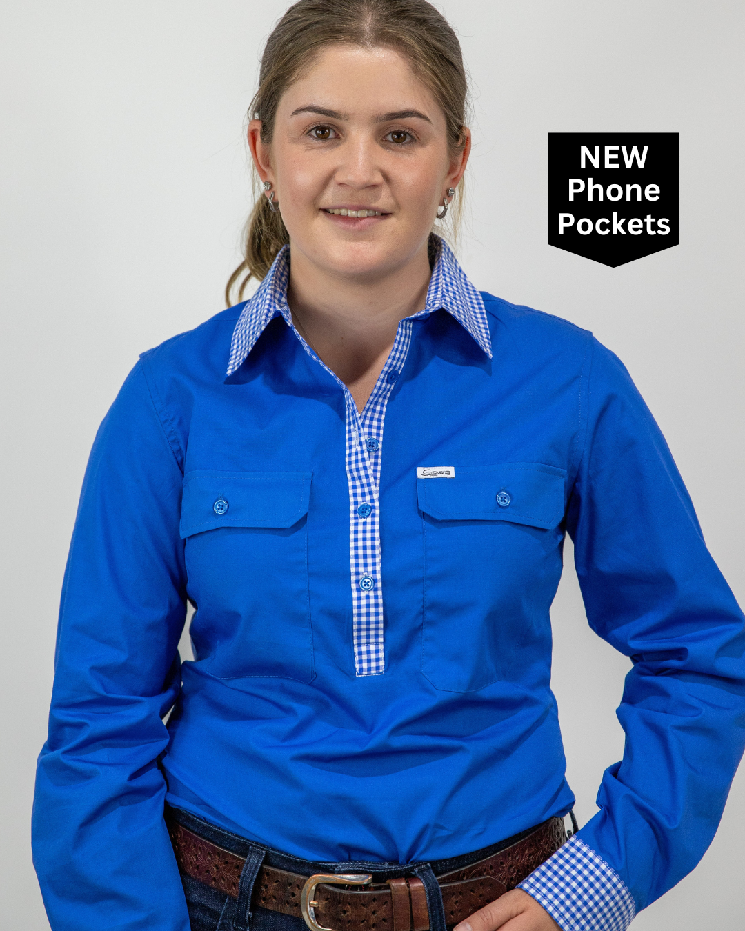 Beth - 1/2 Button Front Blue with Gingham trim Long Sleeve Cotton Collared Shirt