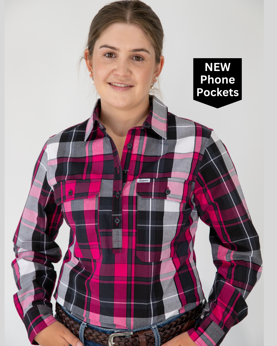 Claire - 1/2 Button Front Plaid Long Sleeve Cotton Collared Shirt