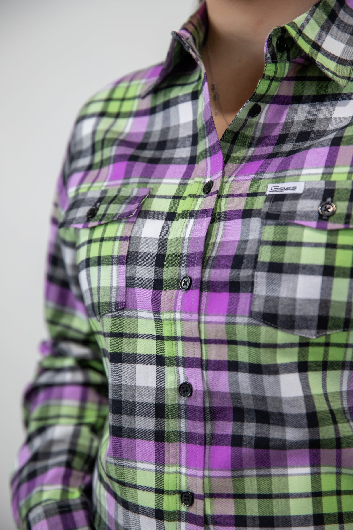 Green & Purple Flannelette - Full Button Ladies Long Sleeve Shirt
