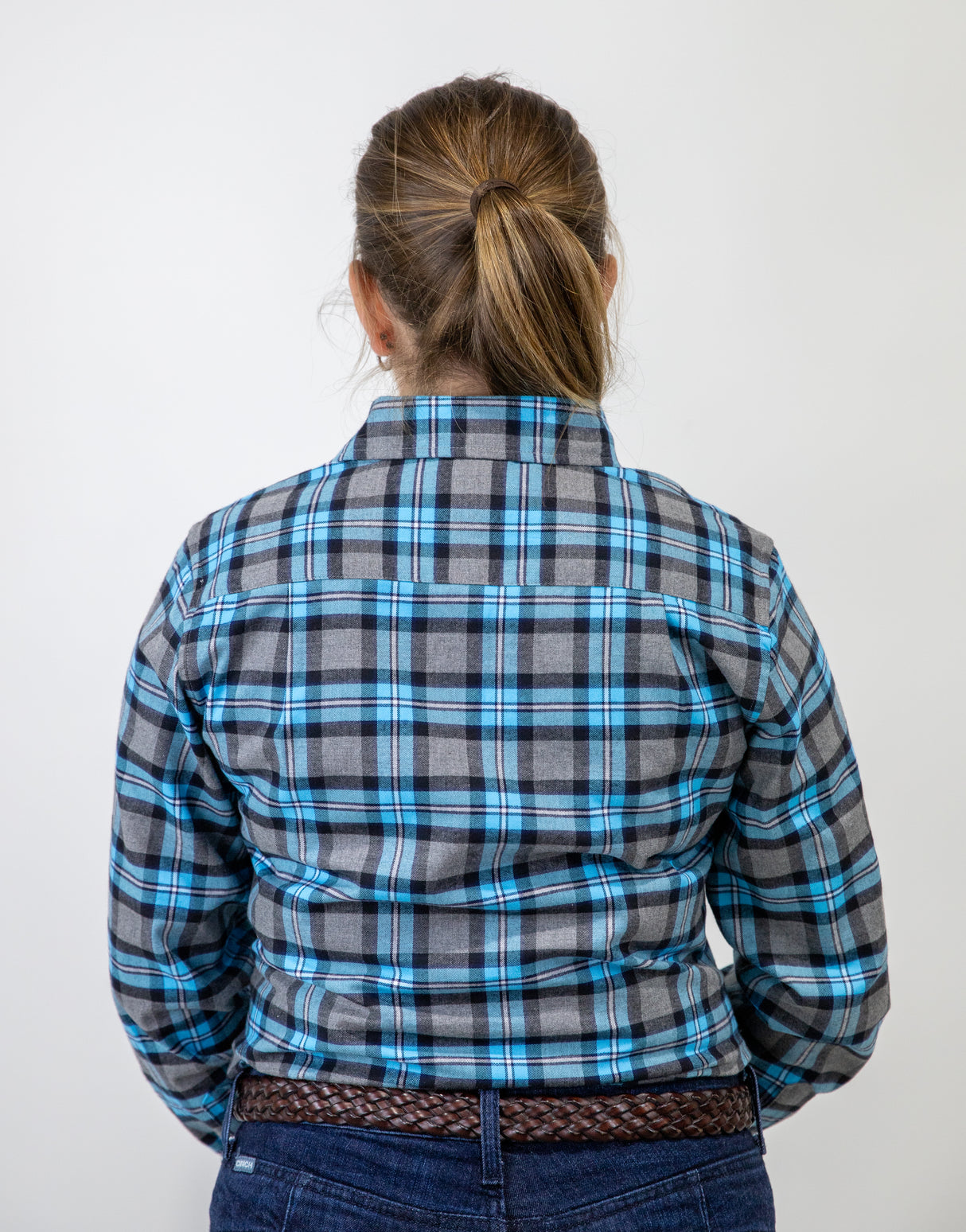 Blue Flannelette - 1/2 Button Front Ladies Long Sleeve Shirt