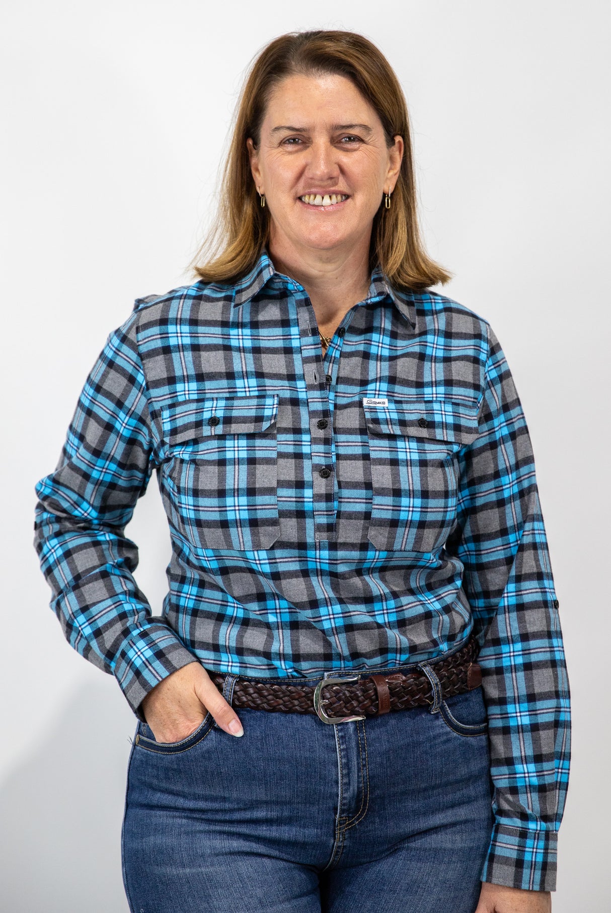 Blue Flannelette - 1/2 Button Front Ladies Long Sleeve Shirt