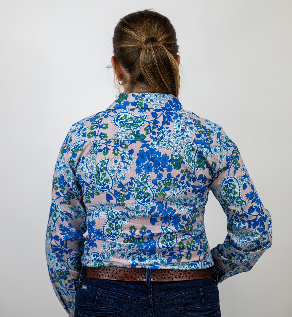 Cora - 1/2 Button Front floral/paisley Long Sleeve Cotton Collared Shirt