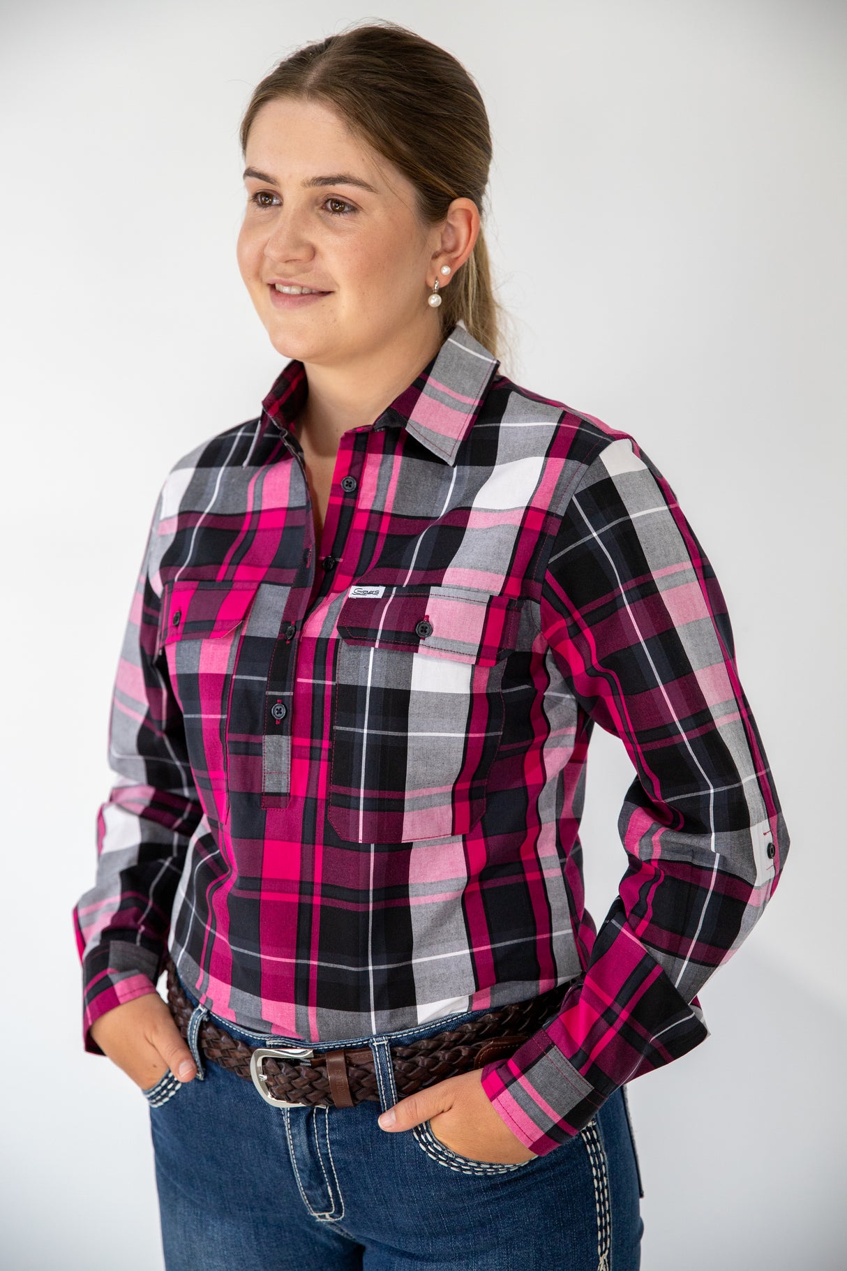 Claire - 1/2 Button Front Plaid Long Sleeve Cotton Collared Shirt