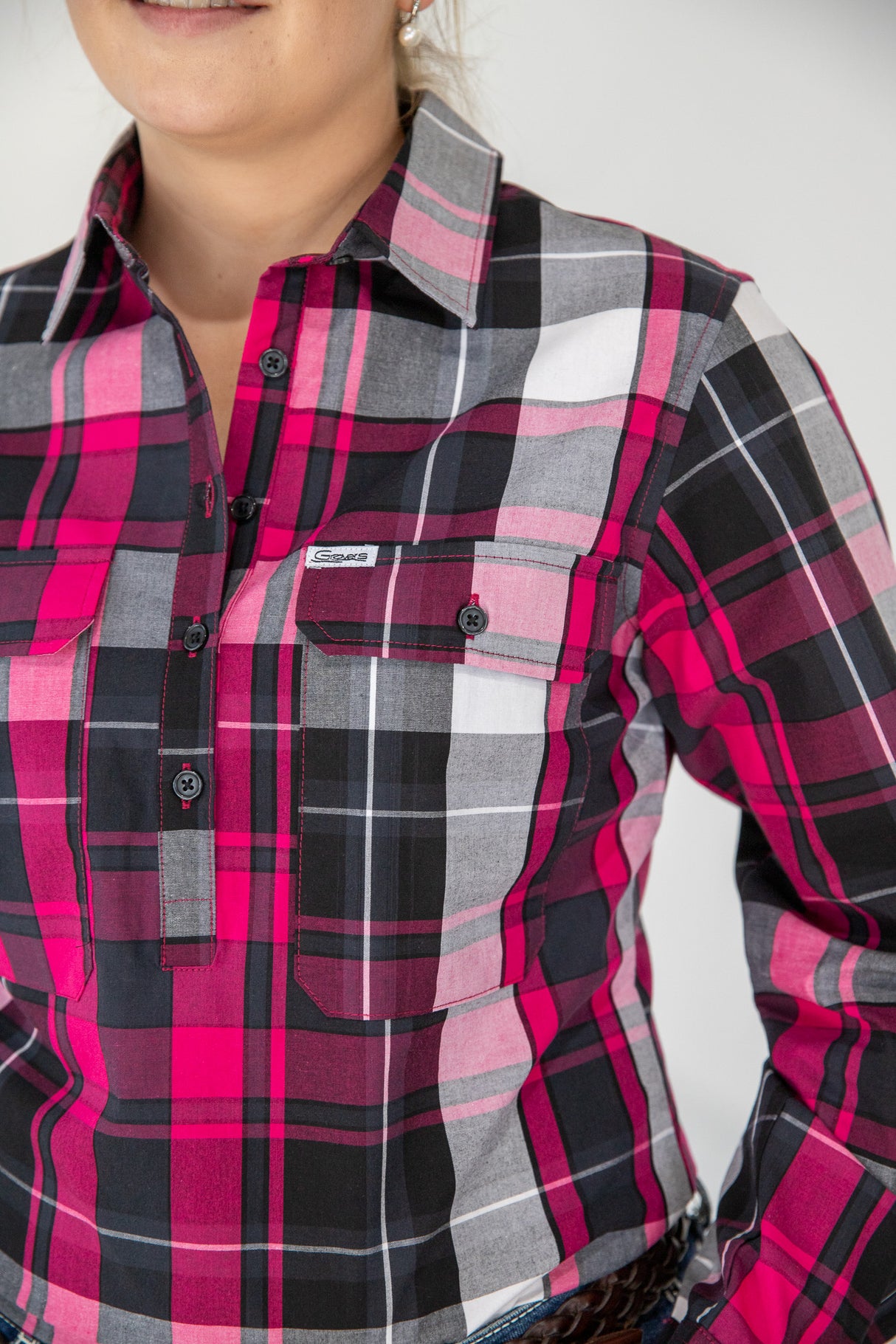 Claire - 1/2 Button Front Plaid Long Sleeve Cotton Collared Shirt