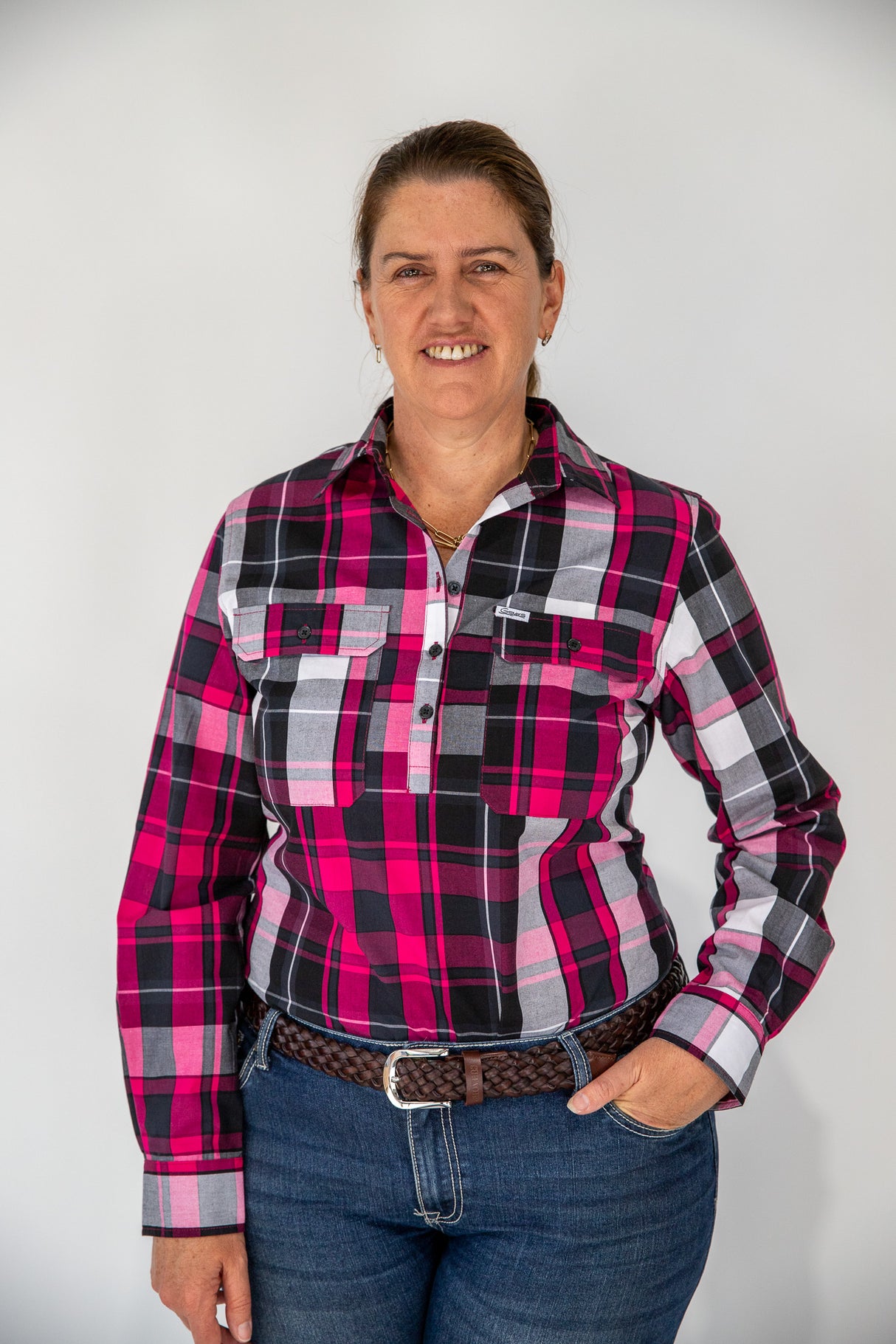 Claire - 1/2 Button Front Plaid Long Sleeve Cotton Collared Shirt