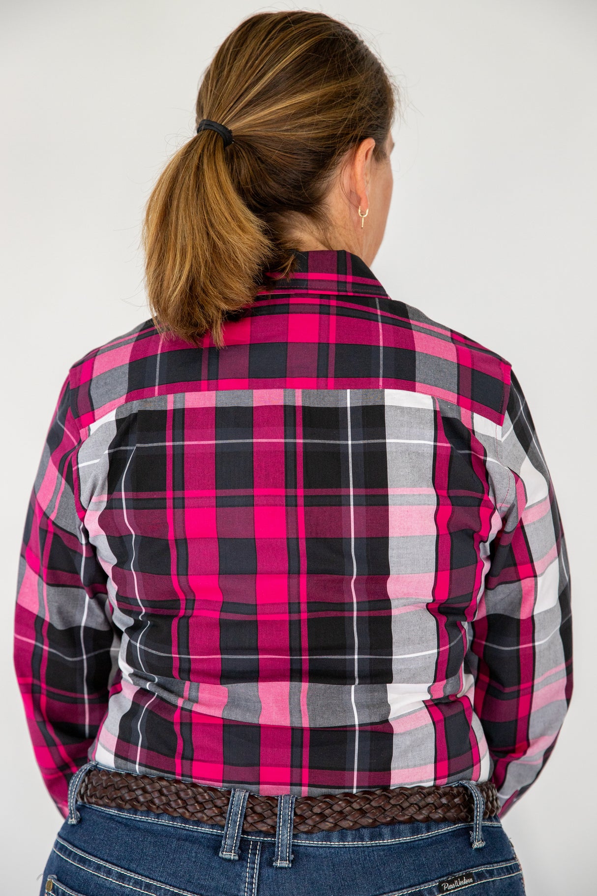 Claire - 1/2 Button Front Plaid Long Sleeve Cotton Collared Shirt