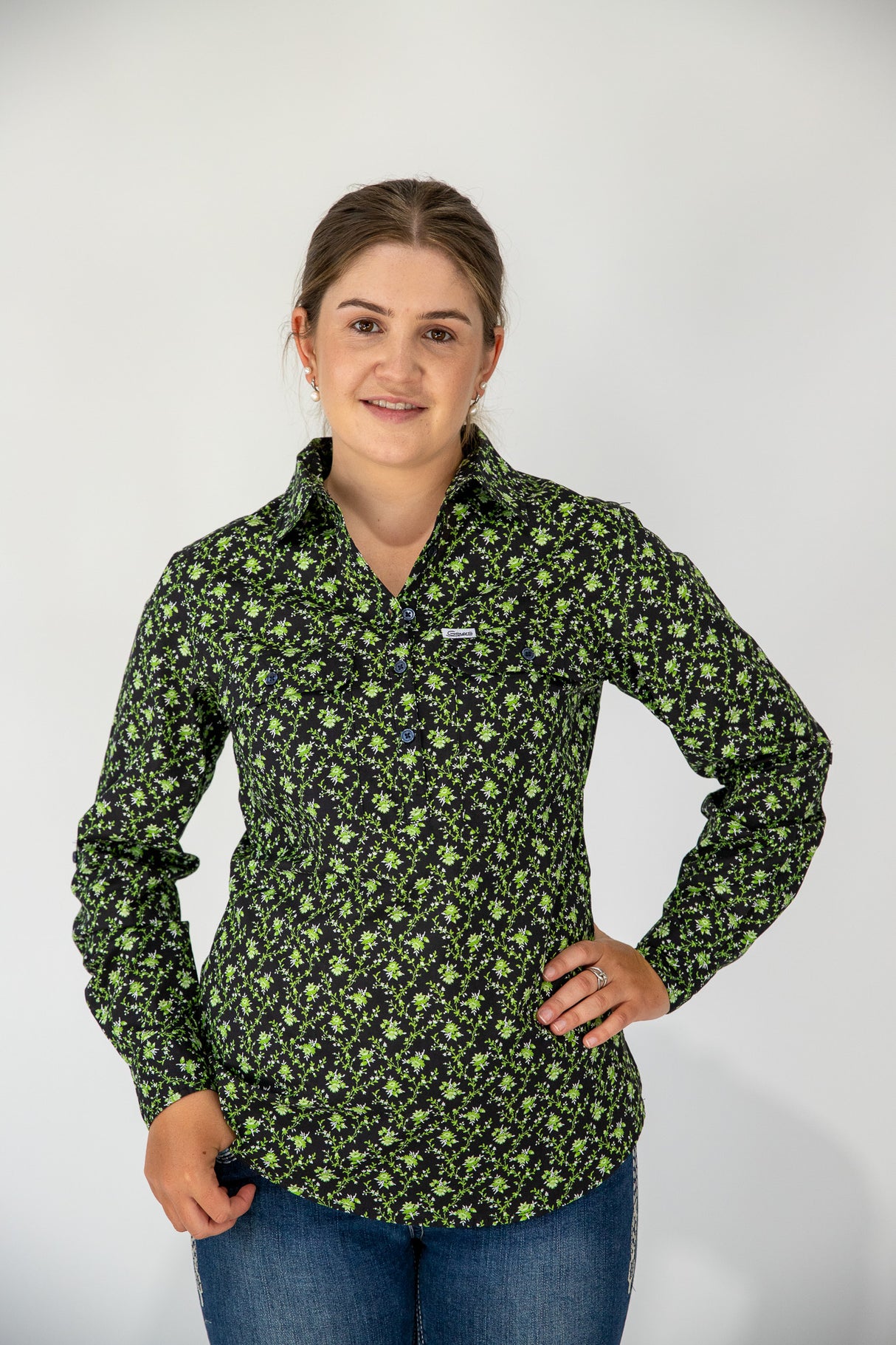 Tamara - 1/2 Button Front Long Sleeve Cotton Collared Shirt