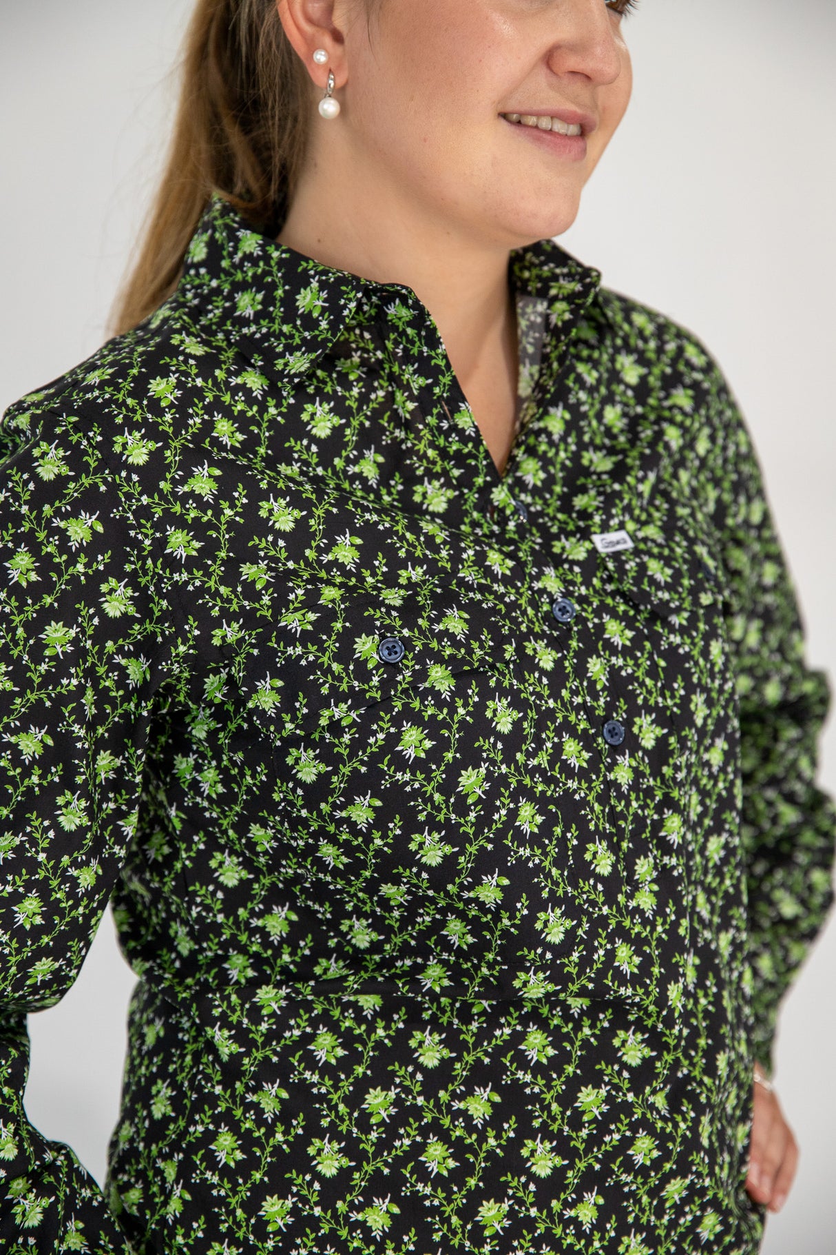 Tamara - 1/2 Button Front Long Sleeve Cotton Collared Shirt