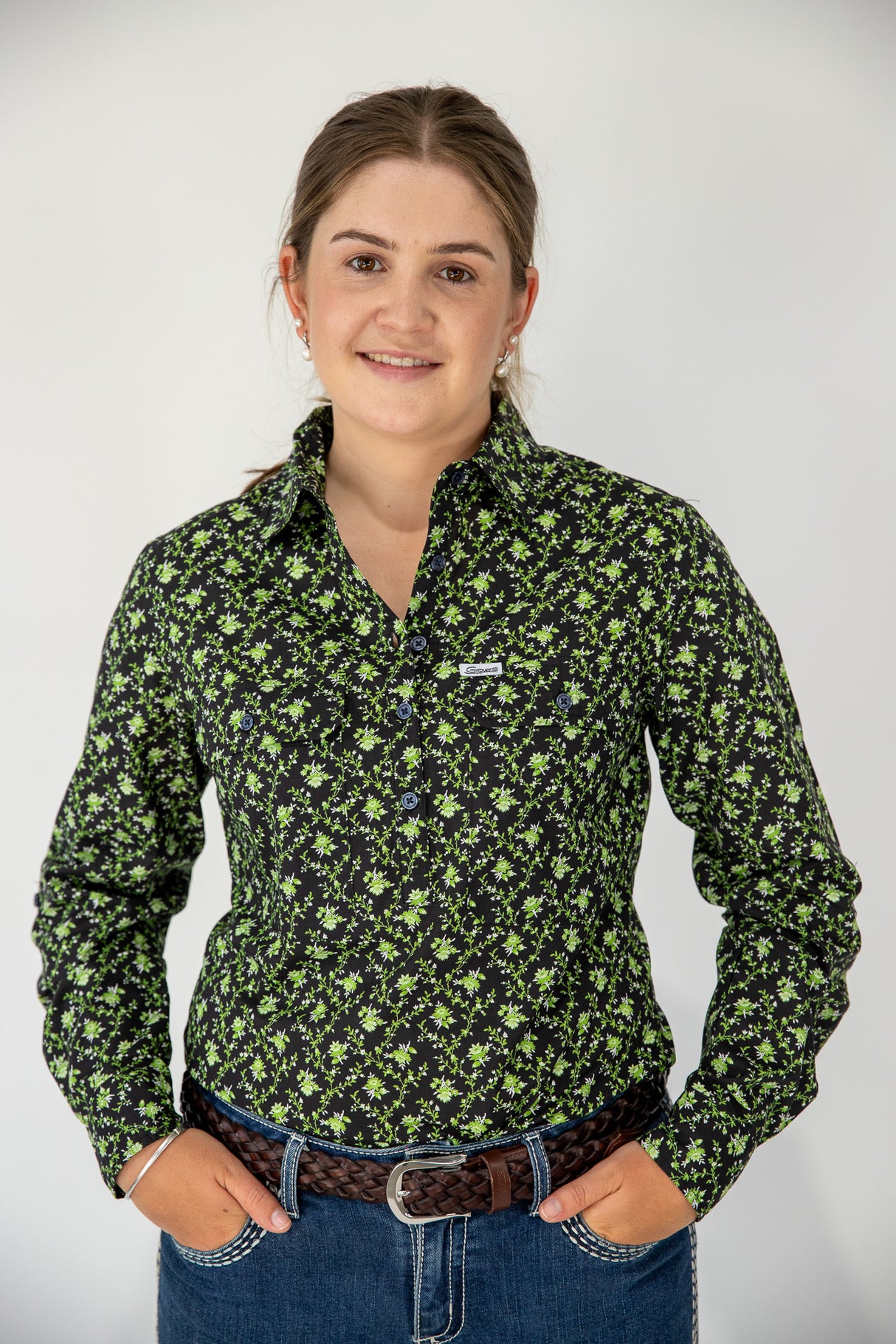 Tamara - 1/2 Button Front Long Sleeve Cotton Collared Shirt