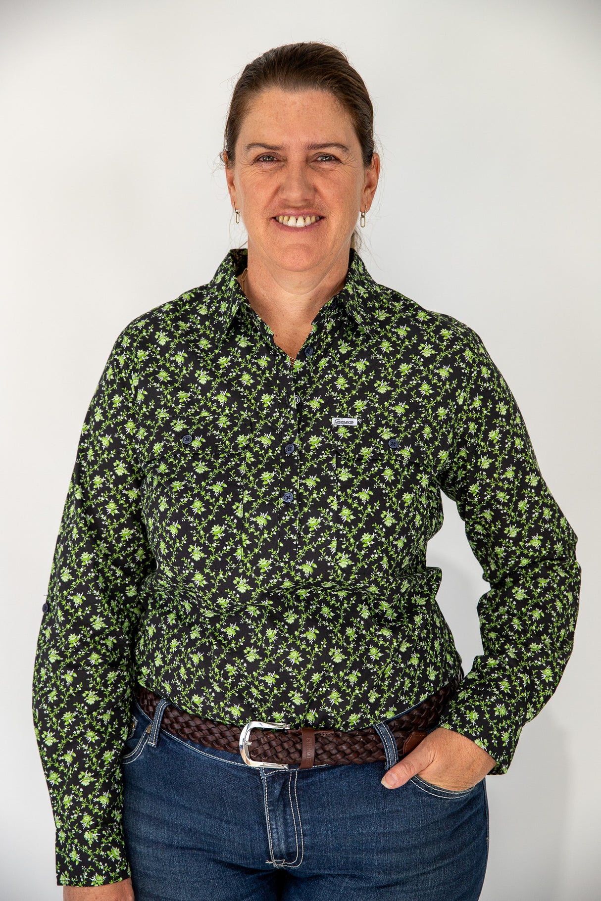 Tamara - 1/2 Button Front Long Sleeve Cotton Collared Shirt