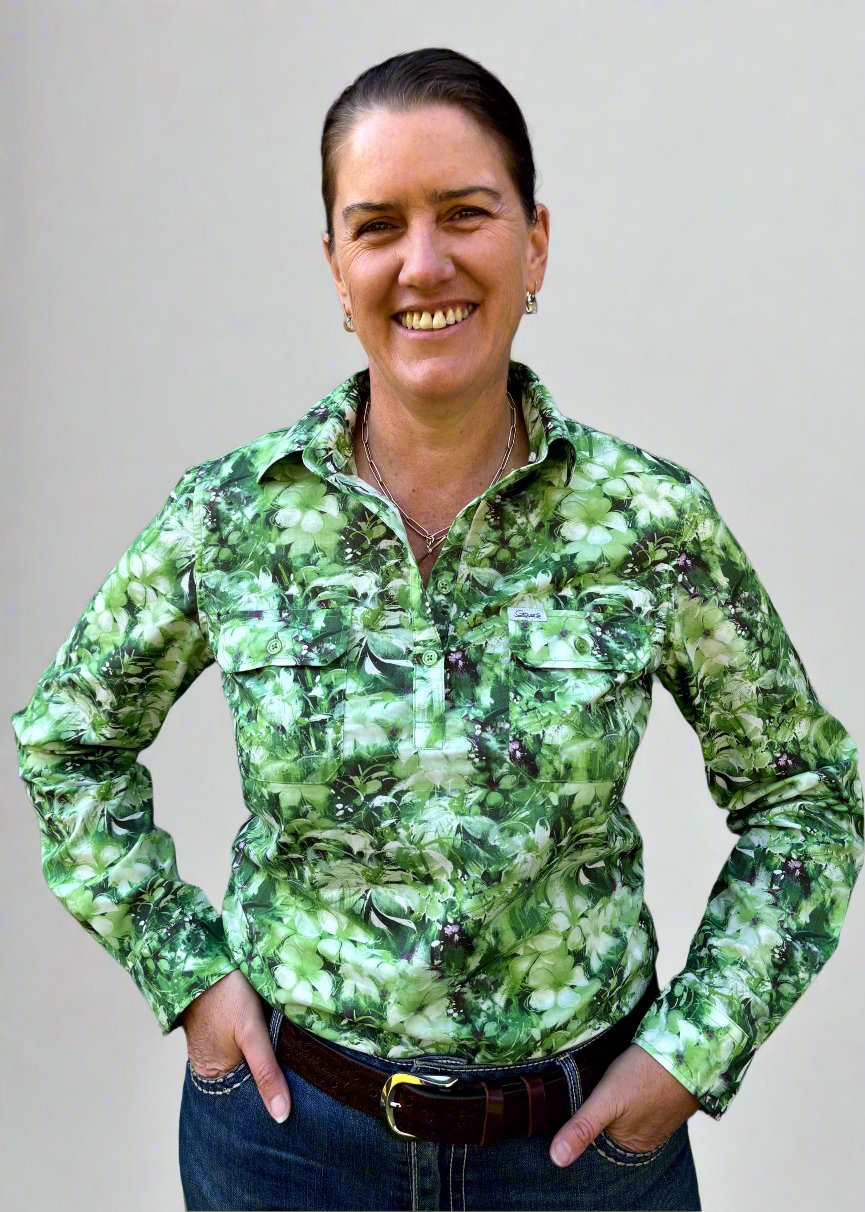 Kerrie - 1/2 Button Front Long Sleeve Cotton Collared Shirt