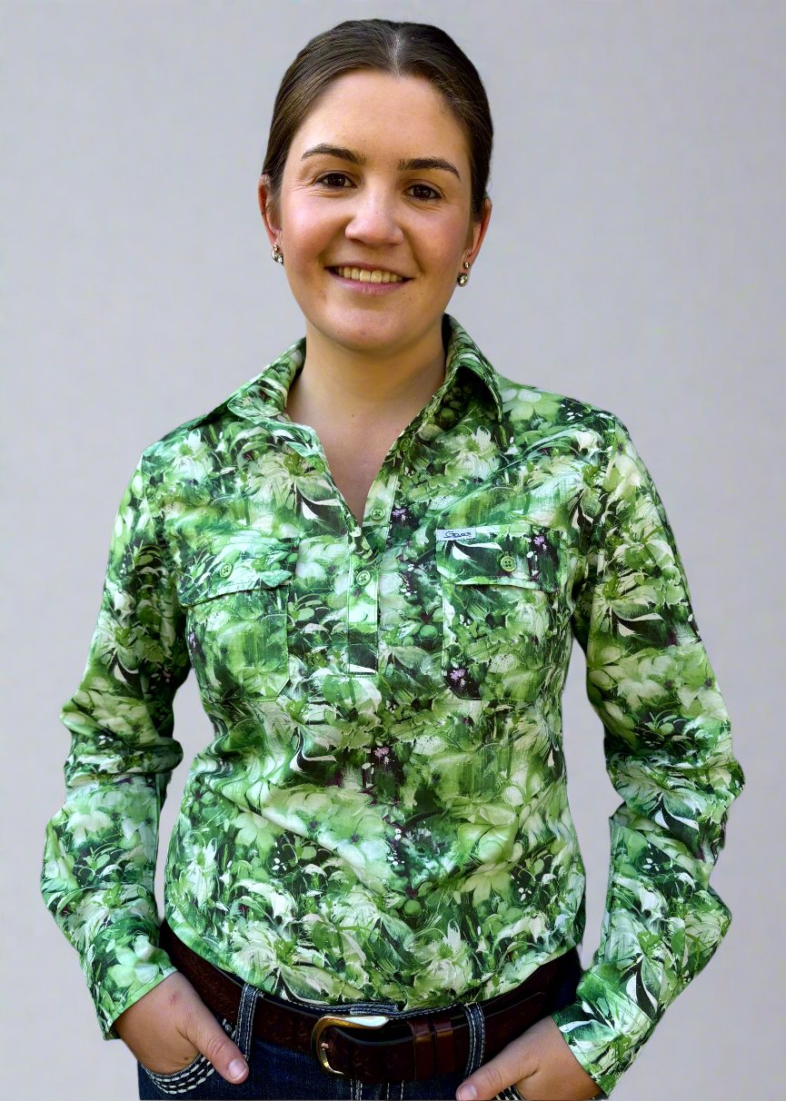 Kerrie - 1/2 Button Front Long Sleeve Cotton Collared Shirt