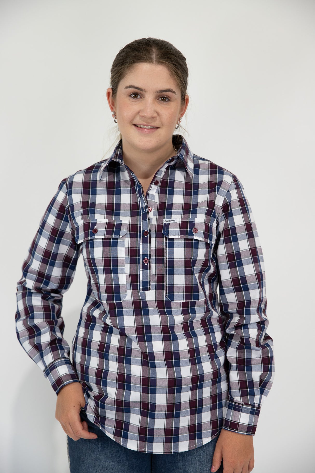 Tracey - 1/2 Button Front Plaid Long Sleeve Cotton Collared Shirt