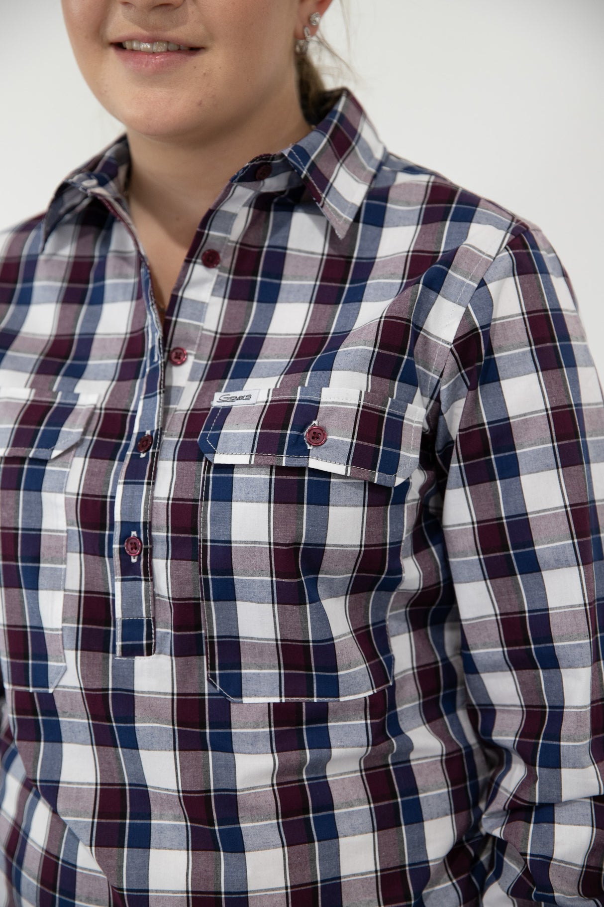 Tracey - 1/2 Button Front Plaid Long Sleeve Cotton Collared Shirt