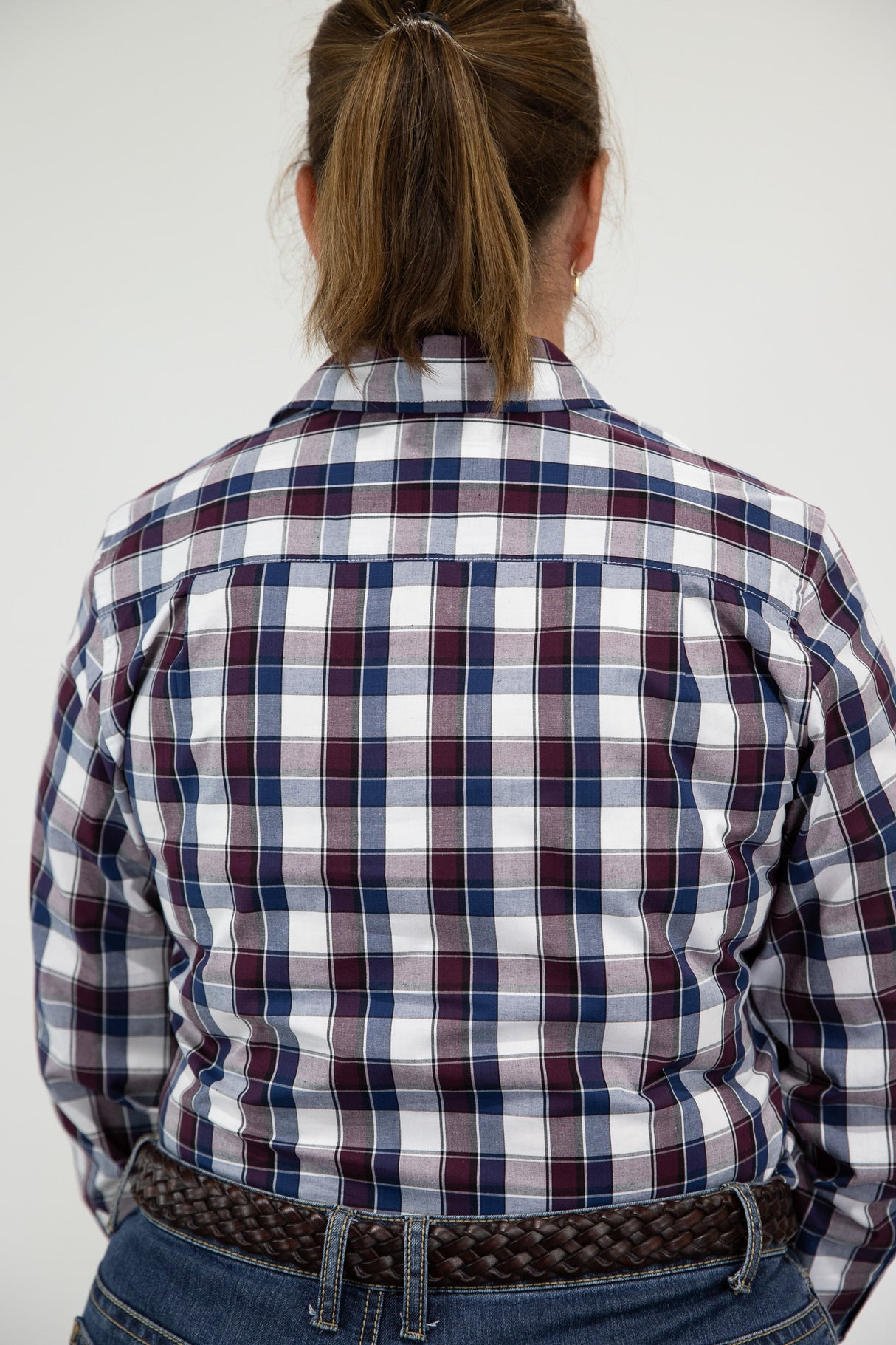 Tracey - 1/2 Button Front Plaid Long Sleeve Cotton Collared Shirt
