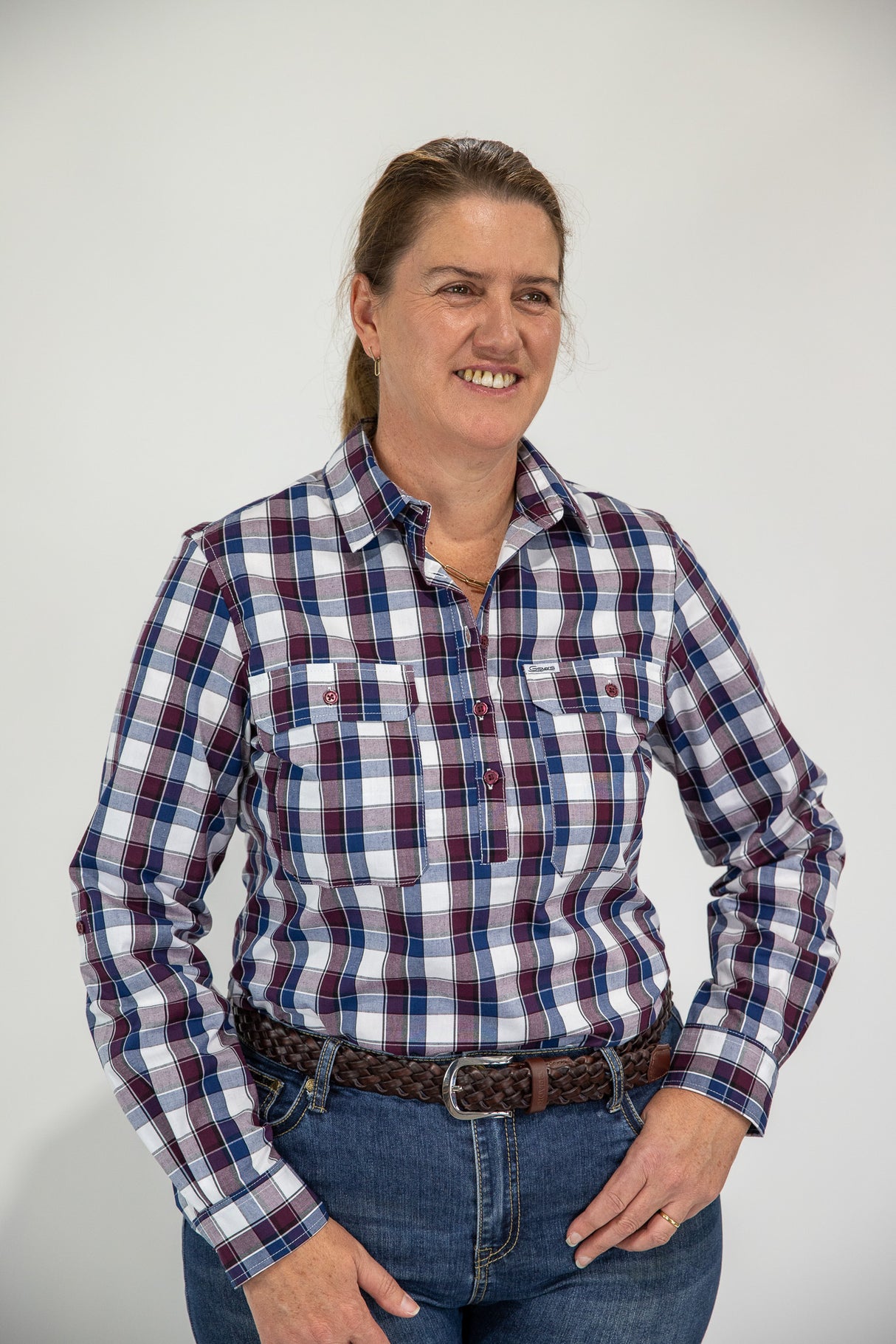 Tracey - 1/2 Button Front Plaid Long Sleeve Cotton Collared Shirt