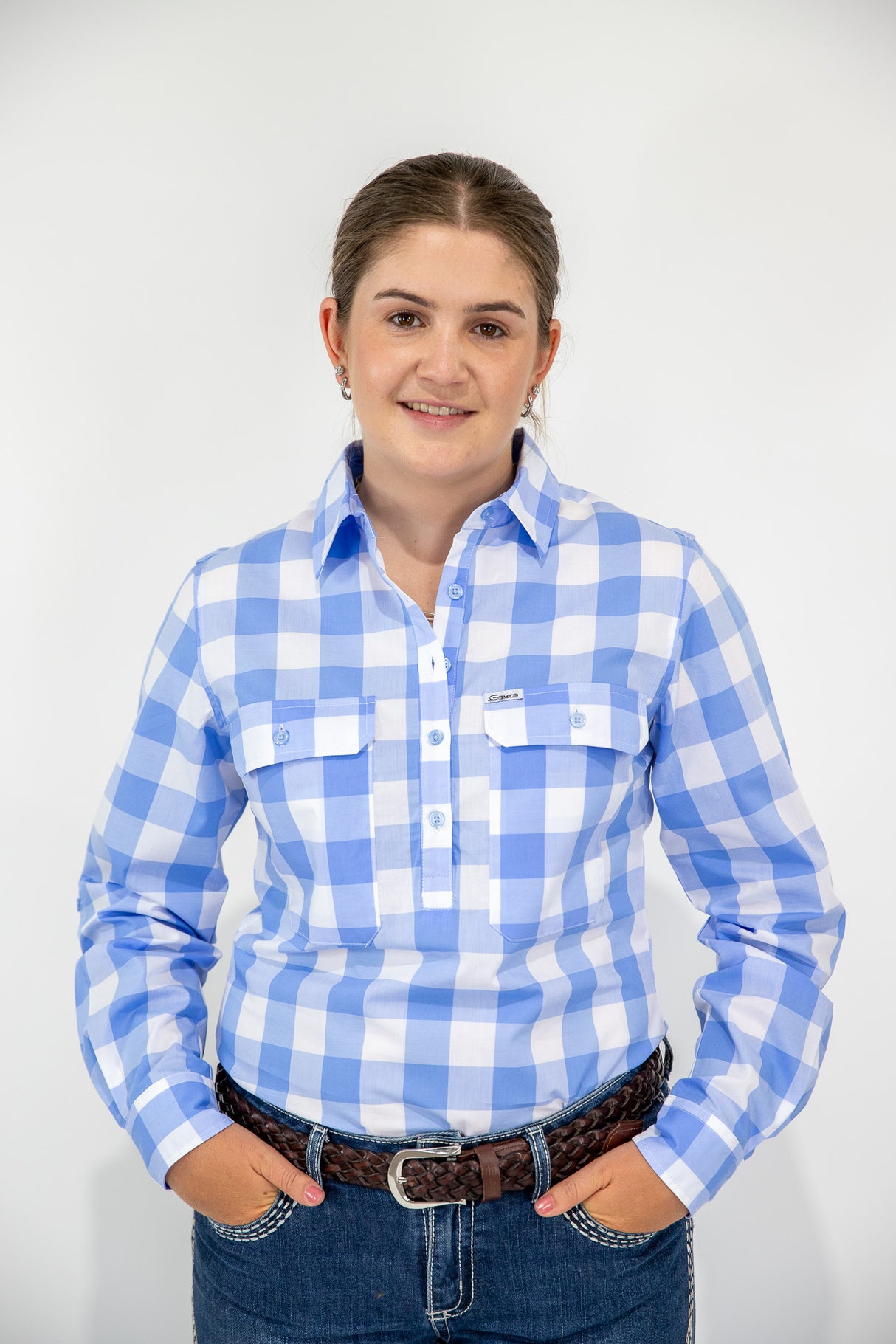 Abagail - 1/2 Button Front Check Long Sleeve Cotton Collared Shirt