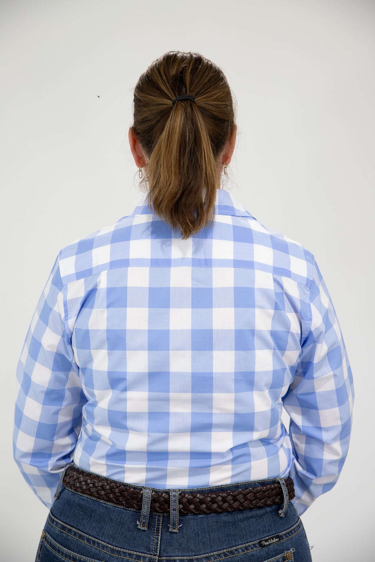 Abagail - 1/2 Button Front Check Long Sleeve Cotton Collared Shirt