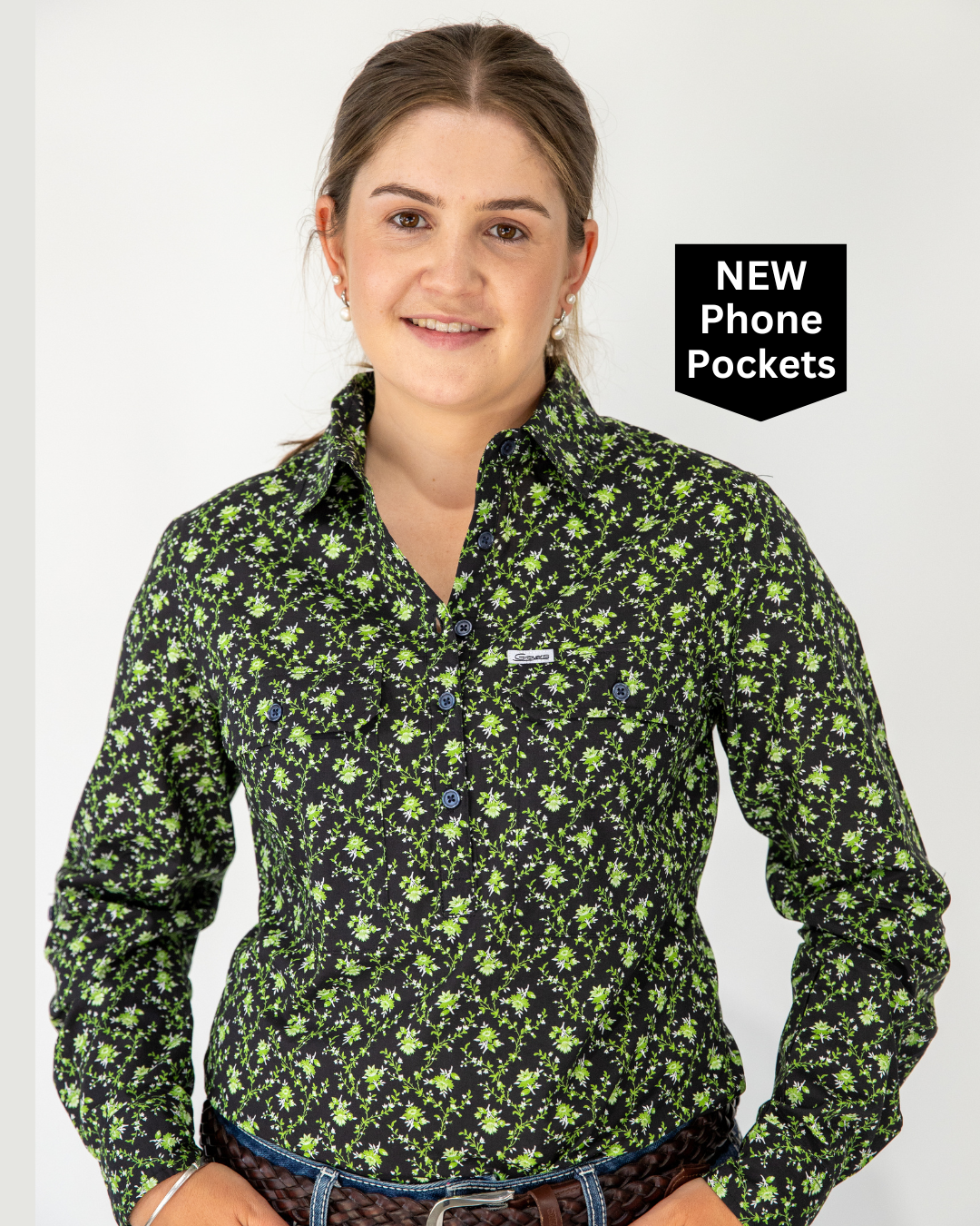 Tamara - 1/2 Button Front Long Sleeve Cotton Collared Shirt