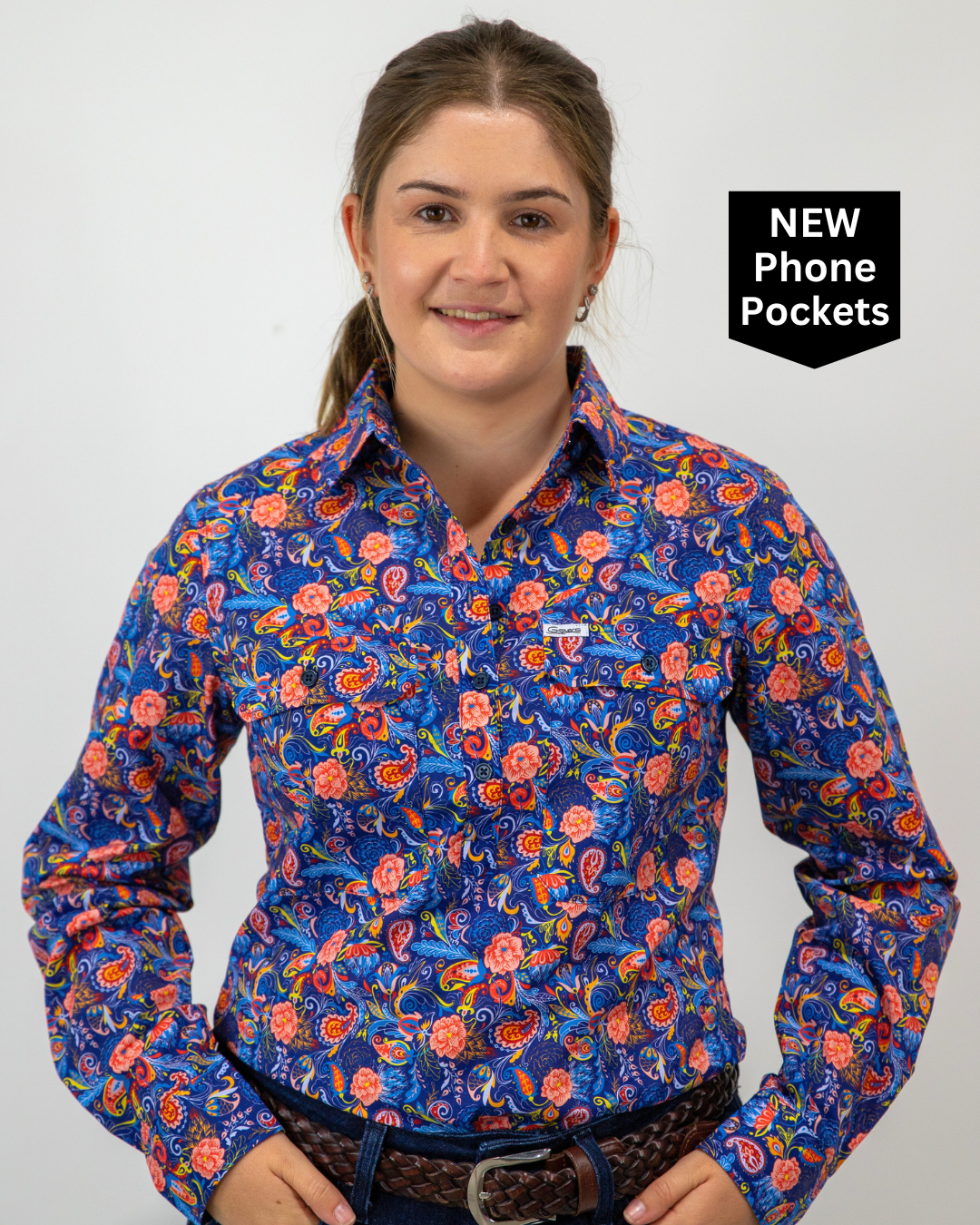Trudy - 1/2 Button Front floral/paisley Long Sleeve Cotton Collared Shirt