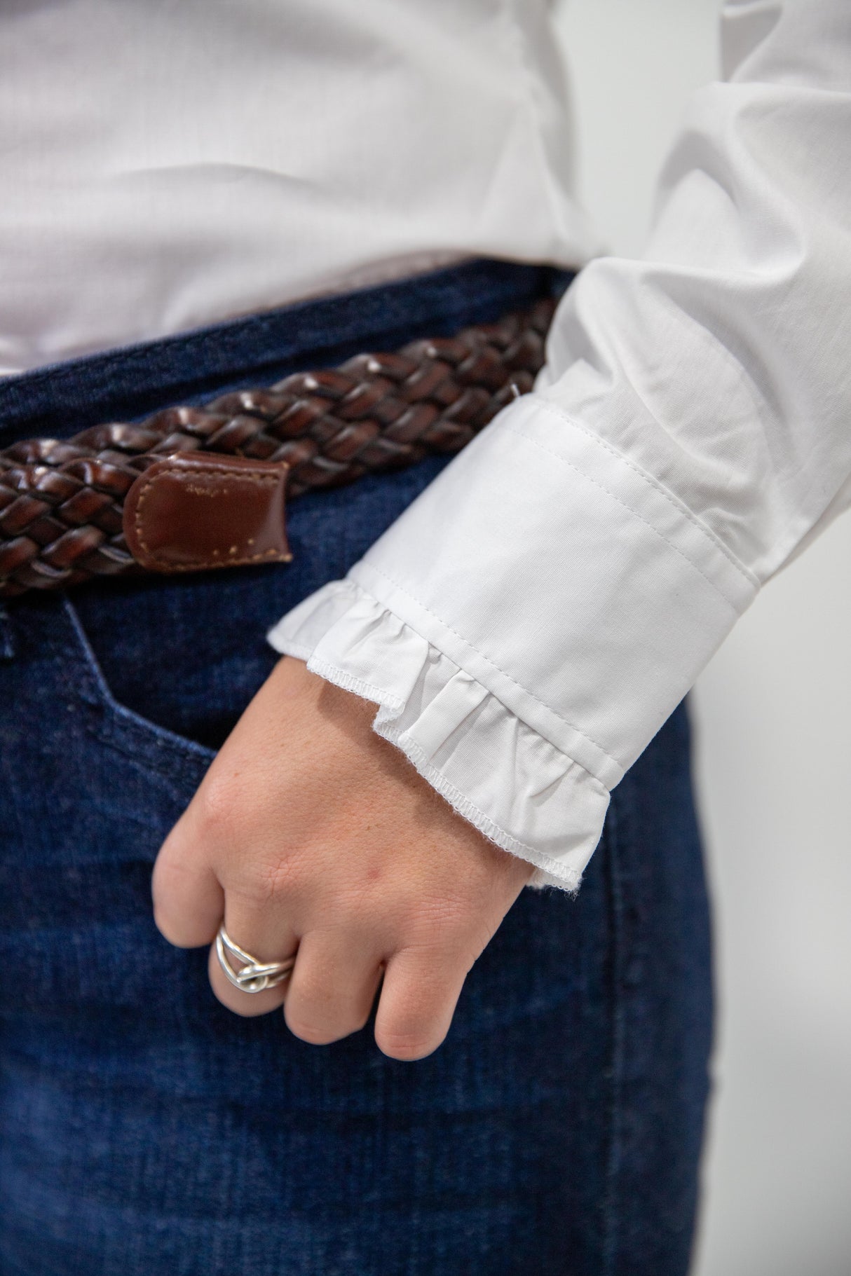 White - Long Sleeve Collared Shirt WITH Ruffles