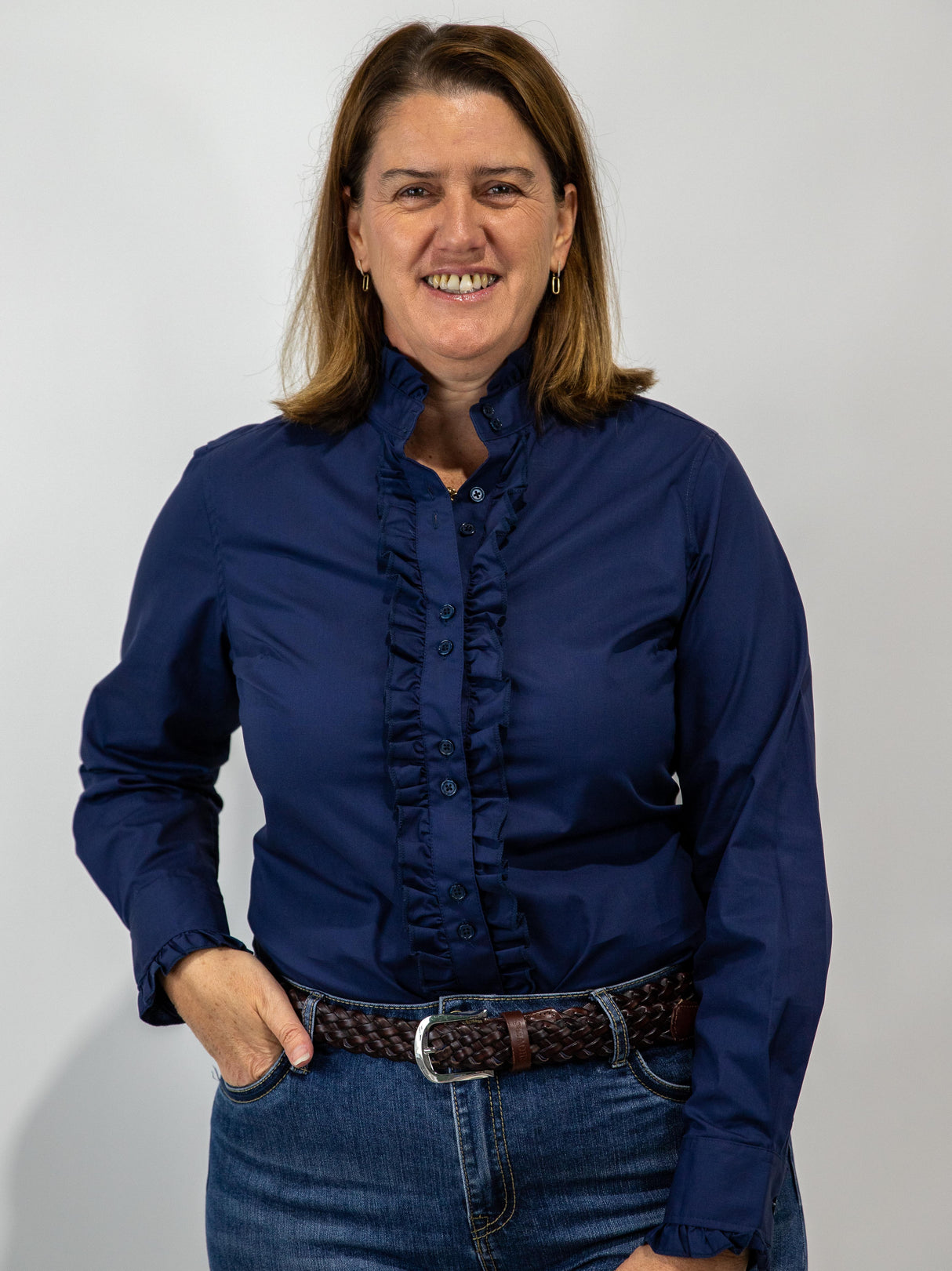 Navy - Long Sleeve Collared Shirt WITH Ruffles