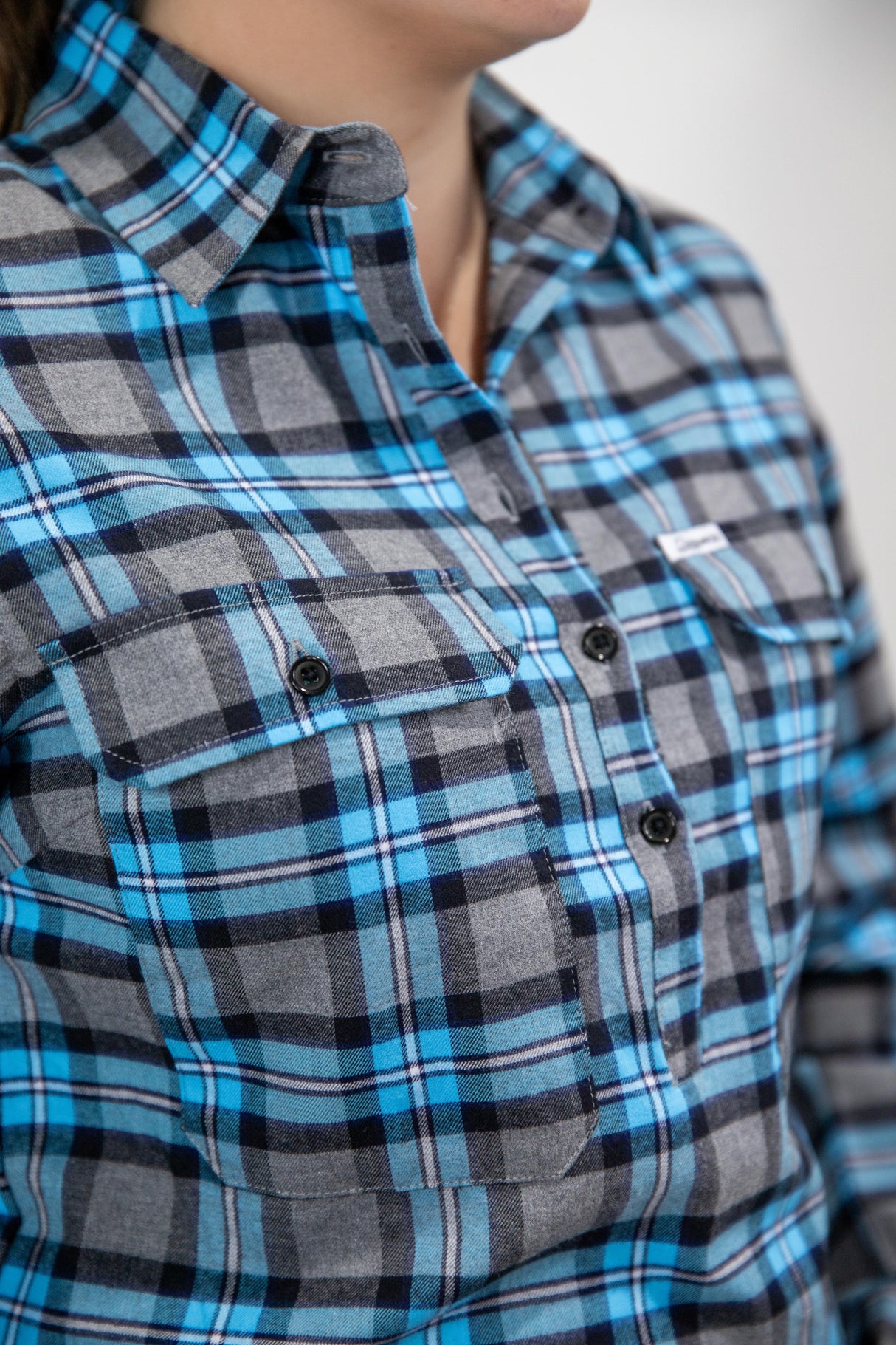 Blue Flannelette - 1/2 Button Front Ladies Long Sleeve Shirt