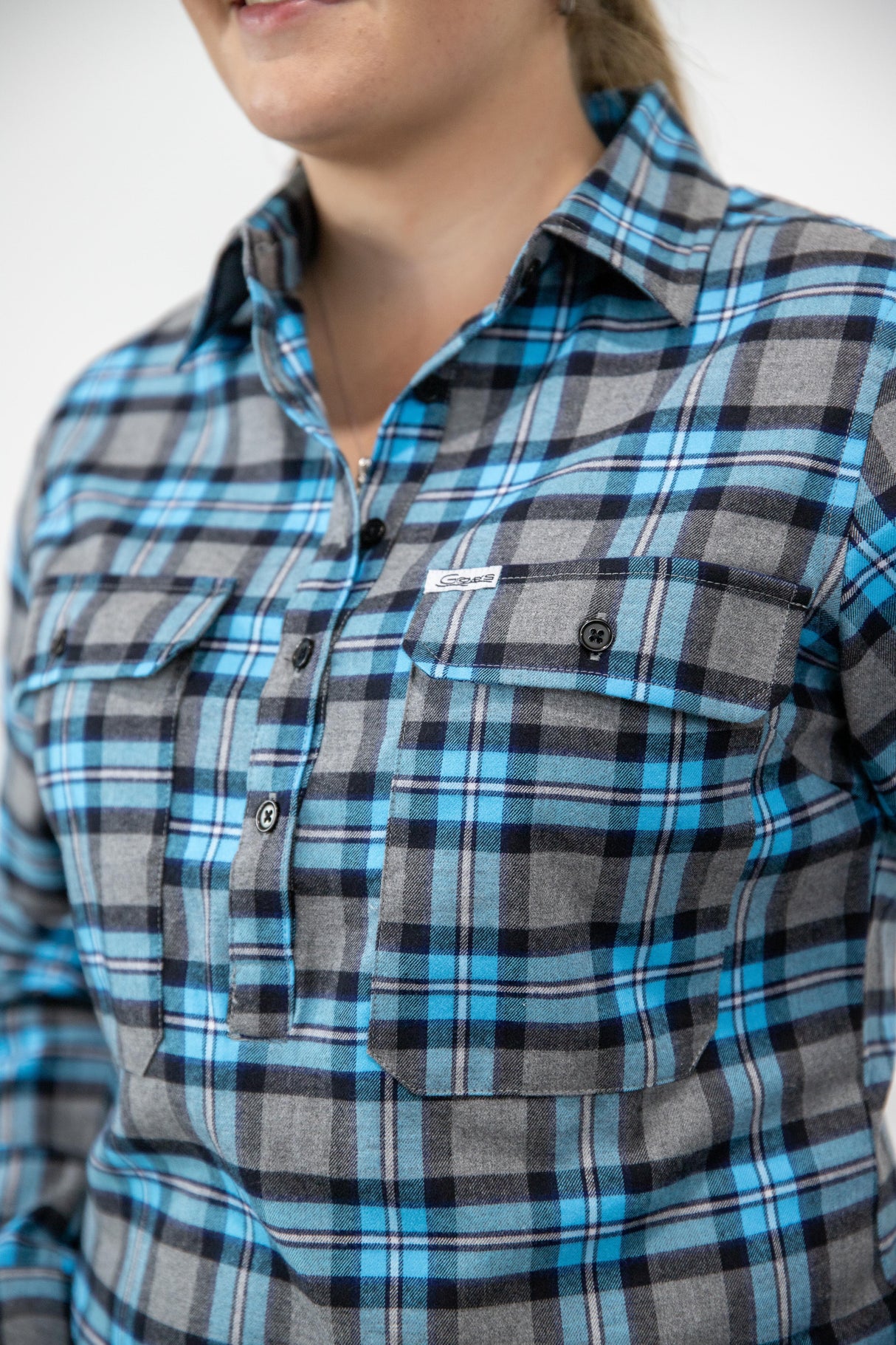 Blue Flannelette - 1/2 Button Front Ladies Long Sleeve Shirt