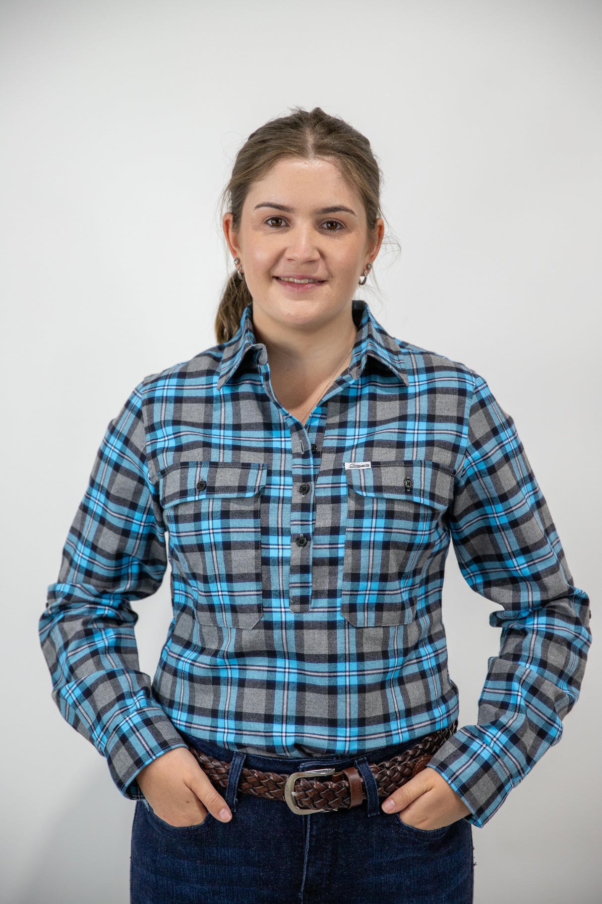 Blue Flannelette - 1/2 Button Front Ladies Long Sleeve Shirt