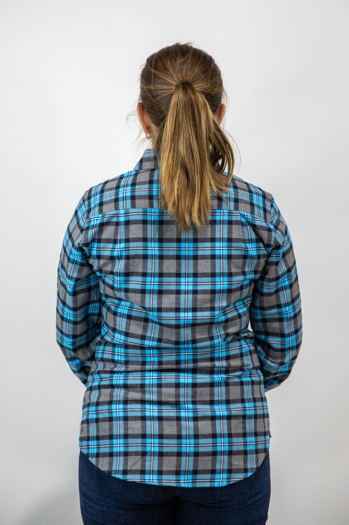 Blue Flannelette - 1/2 Button Front Ladies Long Sleeve Shirt