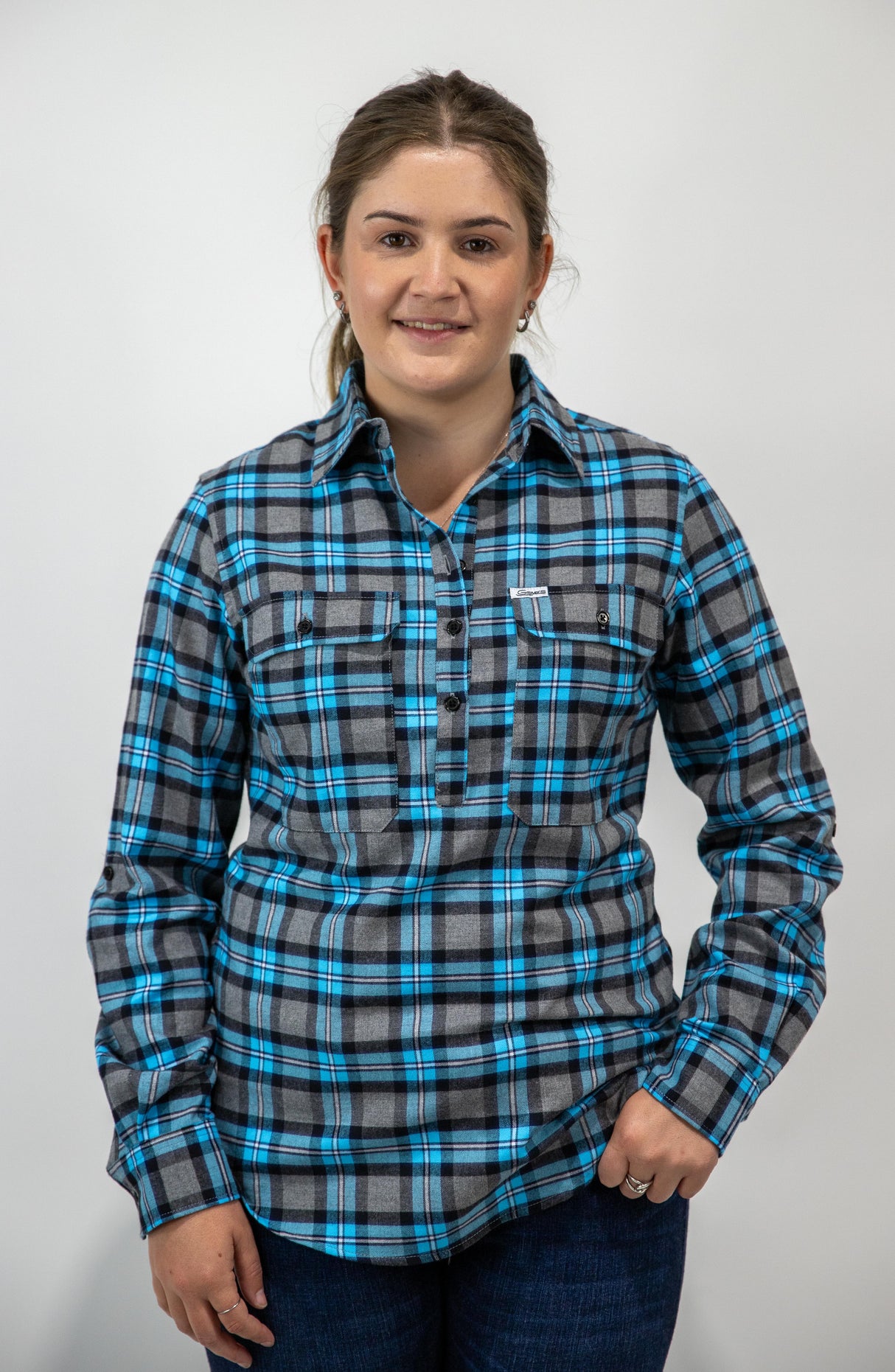 Blue Flannelette - 1/2 Button Front Ladies Long Sleeve Shirt
