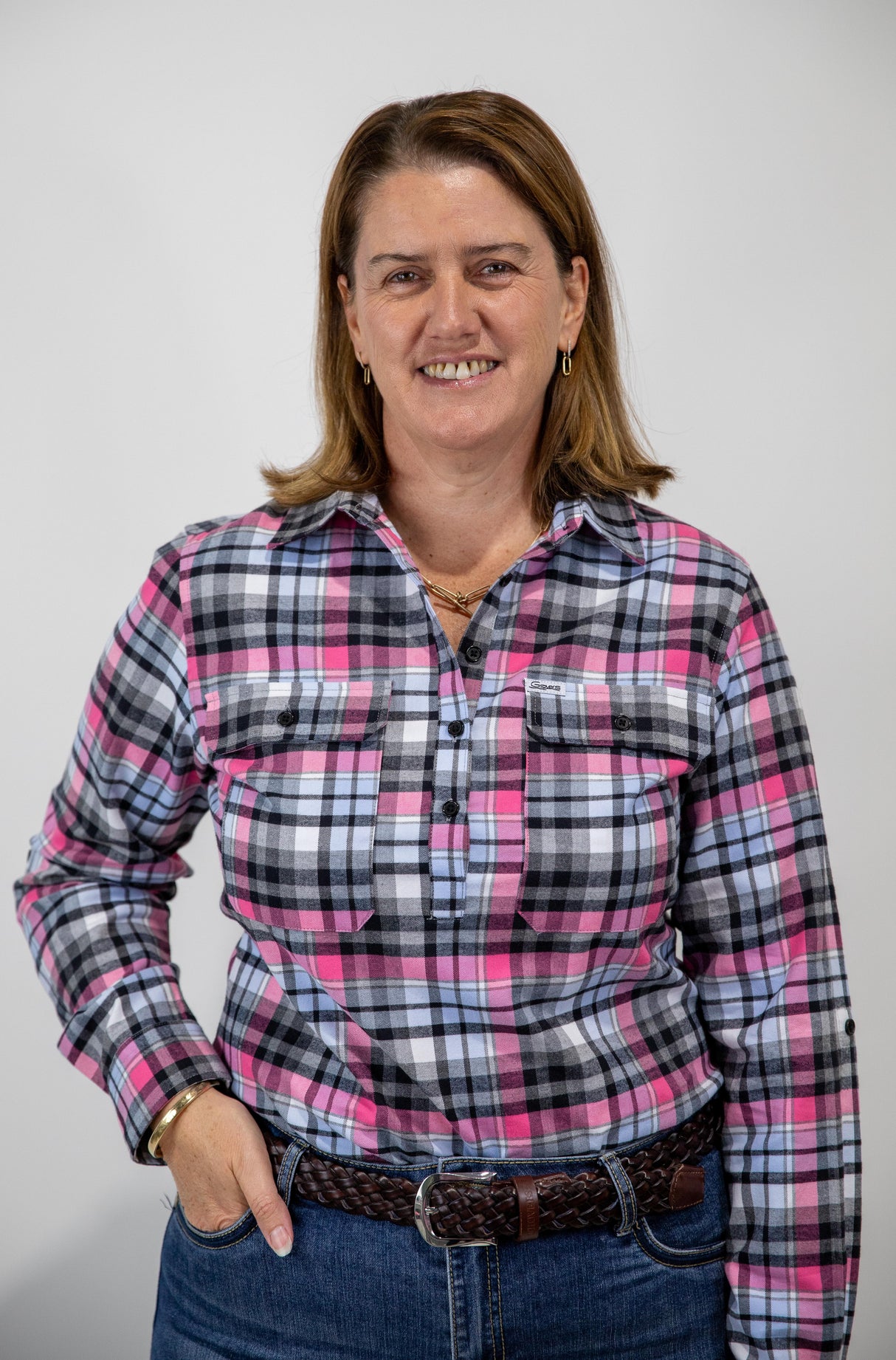 Pink & Blue Flannelette - 1/2 Button Front Ladies Long Sleeve Shirt