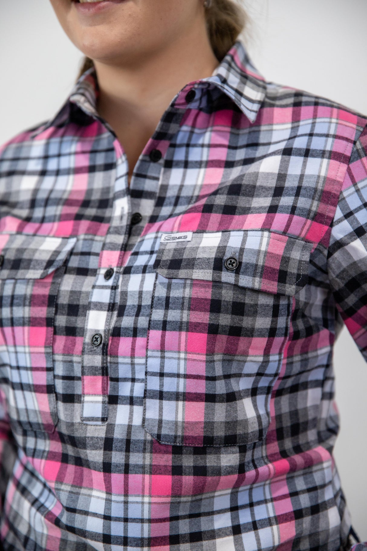 Pink & Blue Flannelette - 1/2 Button Front Ladies Long Sleeve Shirt