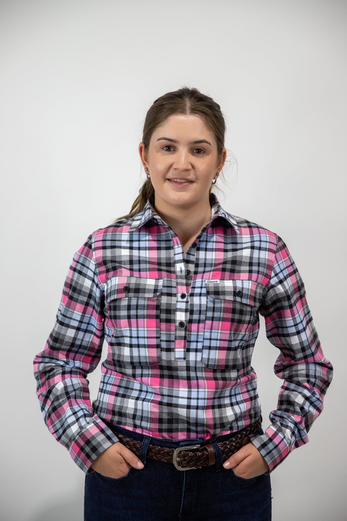 Pink & Blue Flannelette - 1/2 Button Front Ladies Long Sleeve Shirt