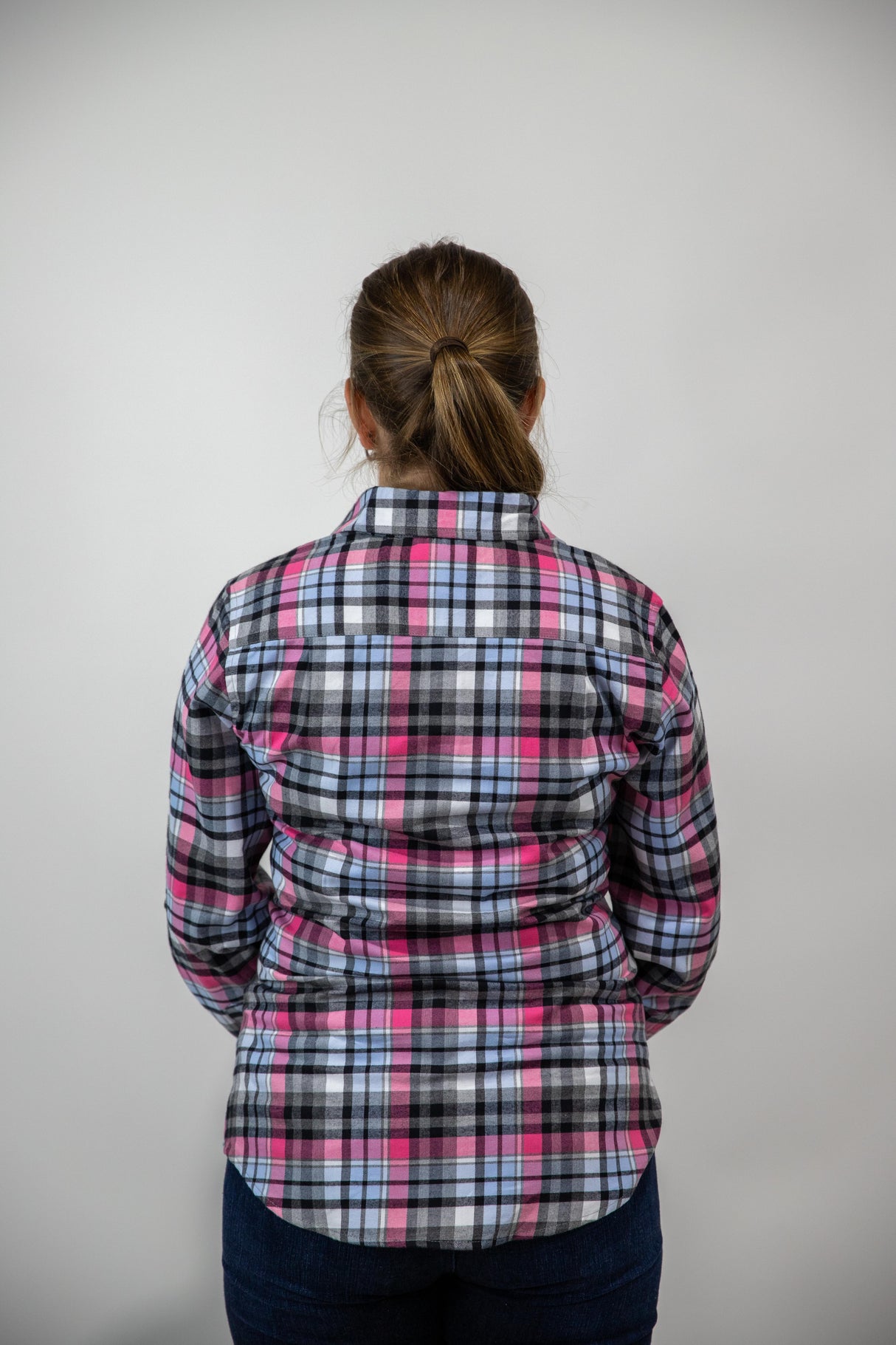 Pink & Blue Flannelette - 1/2 Button Front Ladies Long Sleeve Shirt