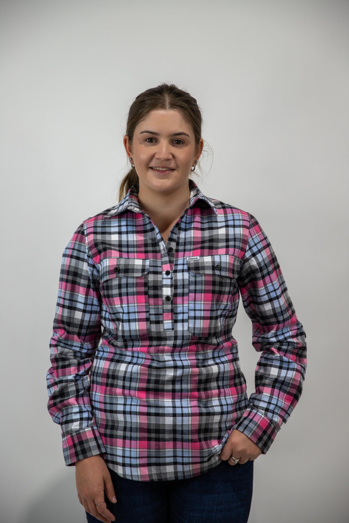 Pink & Blue Flannelette - 1/2 Button Front Ladies Long Sleeve Shirt