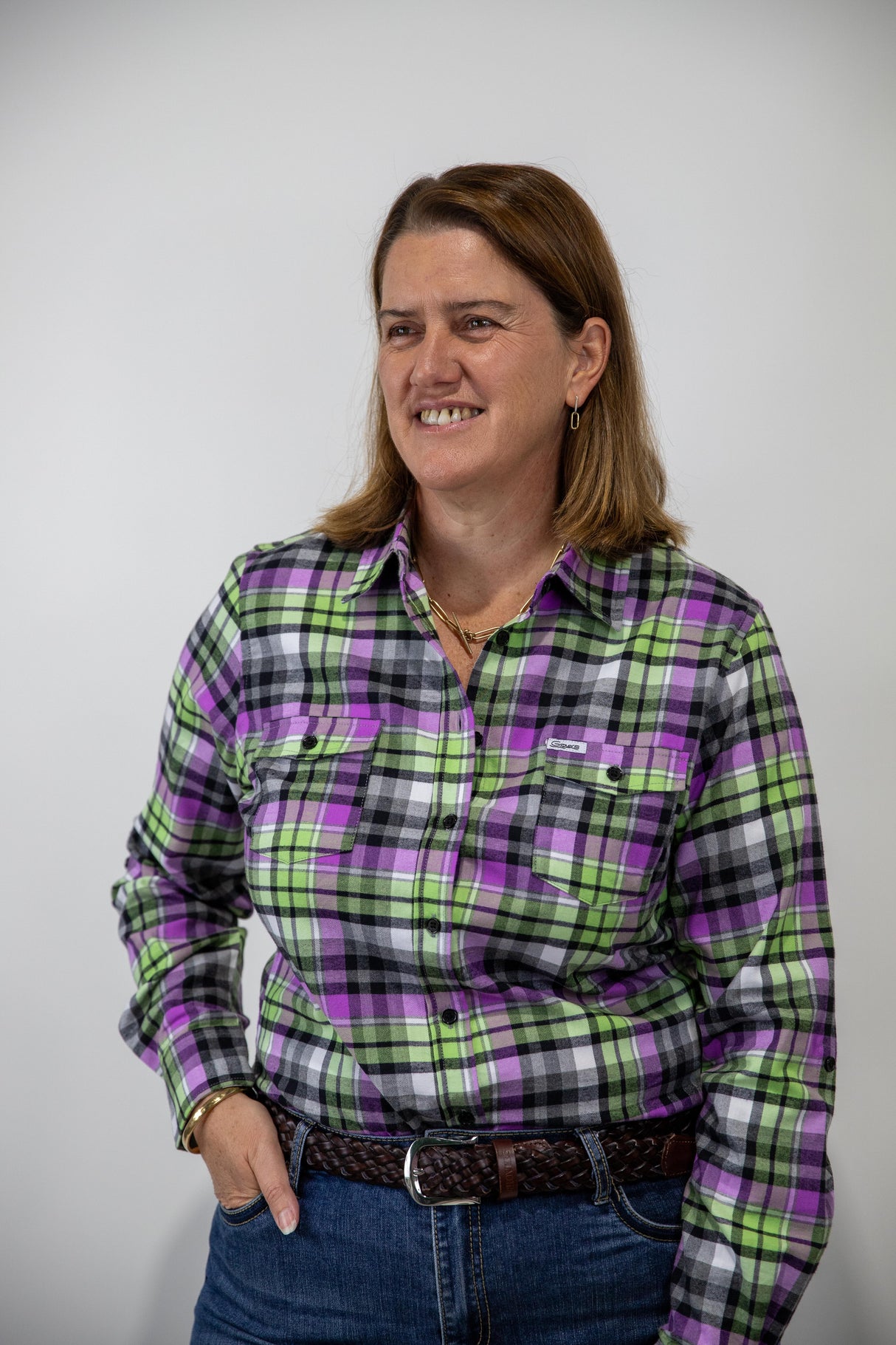 Green & Purple Flannelette - Full Button Ladies Long Sleeve Shirt