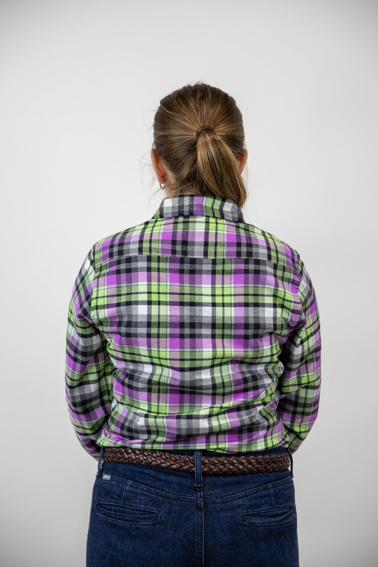 Green & Purple Flannelette - Full Button Ladies Long Sleeve Shirt