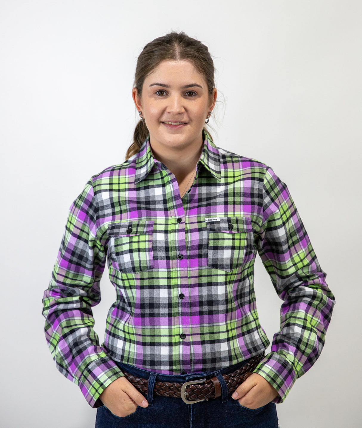 Green & Purple Flannelette - Full Button Ladies Long Sleeve Shirt