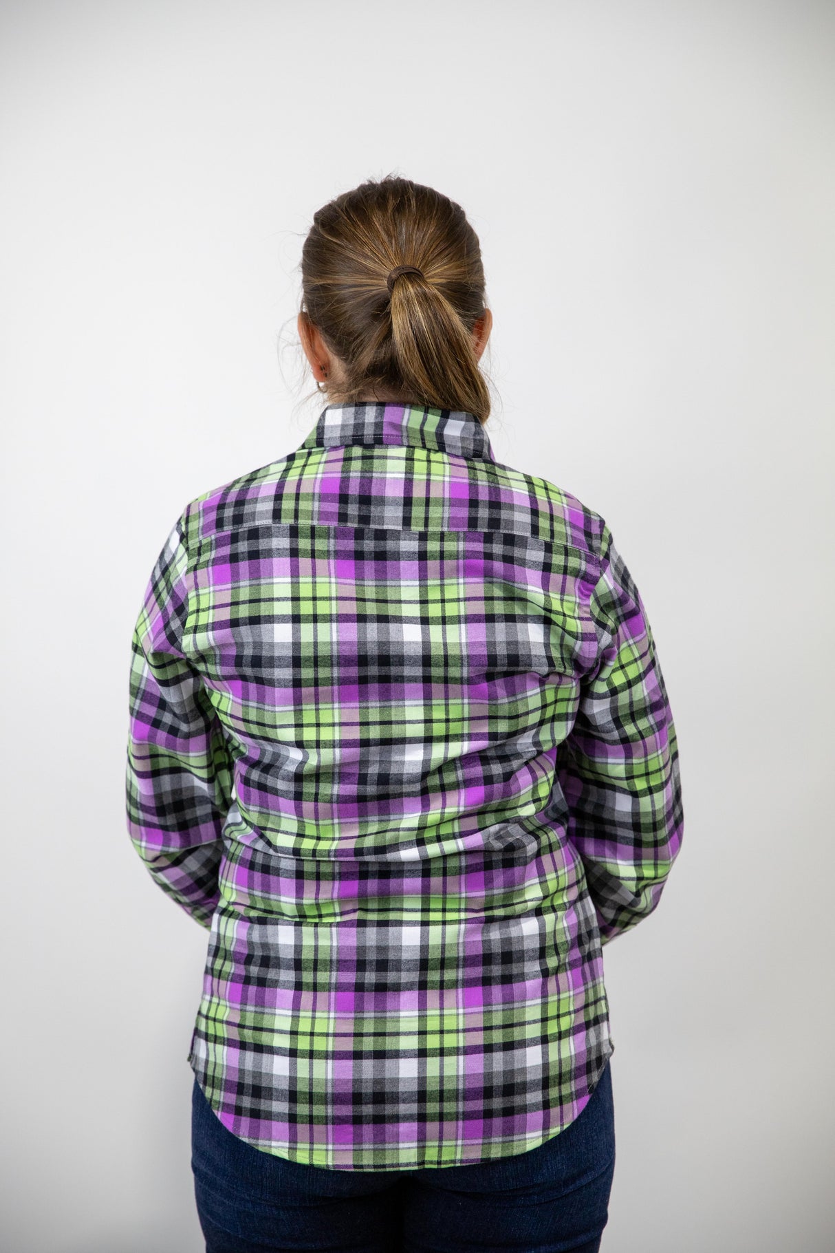 Green & Purple Flannelette - Full Button Ladies Long Sleeve Shirt