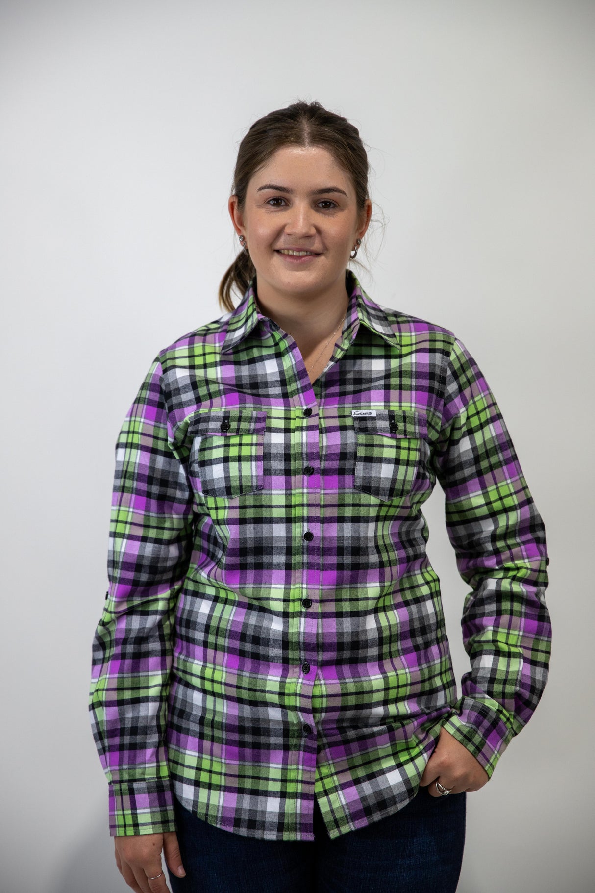 Green & Purple Flannelette - Full Button Ladies Long Sleeve Shirt