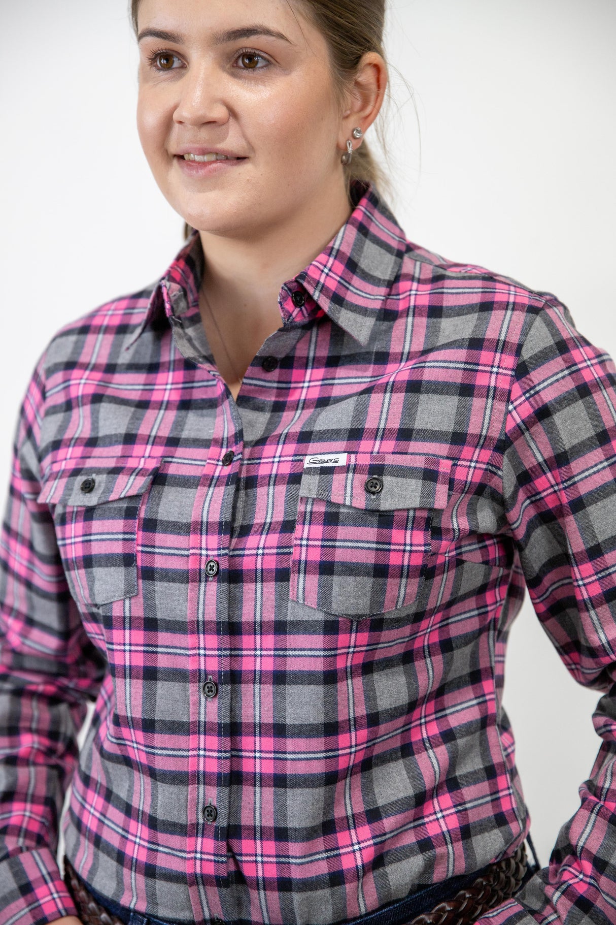 Pink Flannelette - Full Button Ladies Long Sleeve Shirt