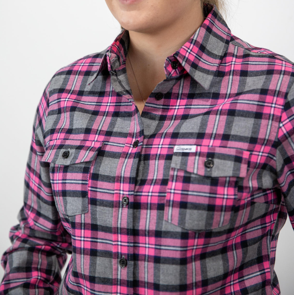 Pink Flannelette - Full Button Ladies Long Sleeve Shirt