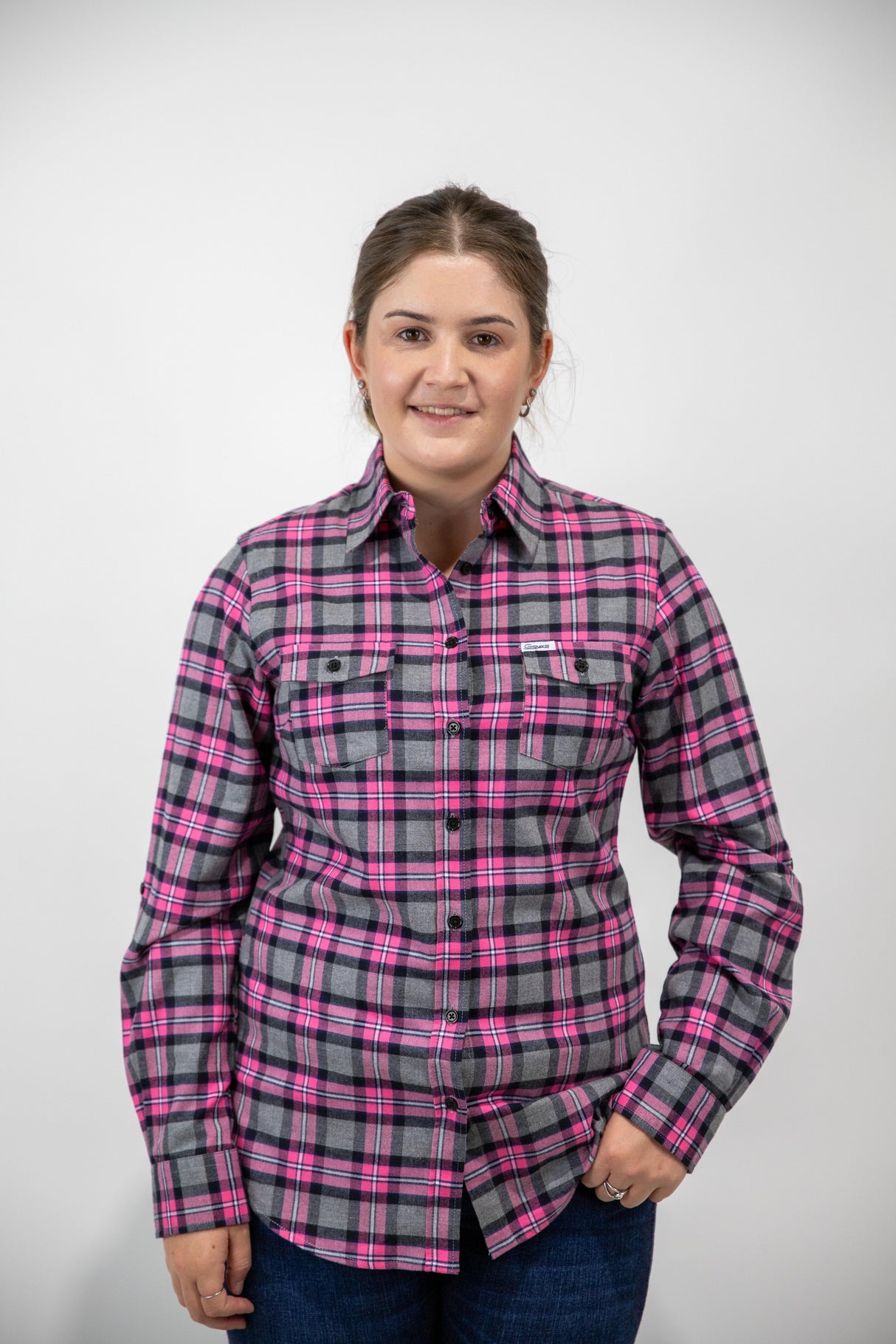 Pink Flannelette - Full Button Ladies Long Sleeve Shirt