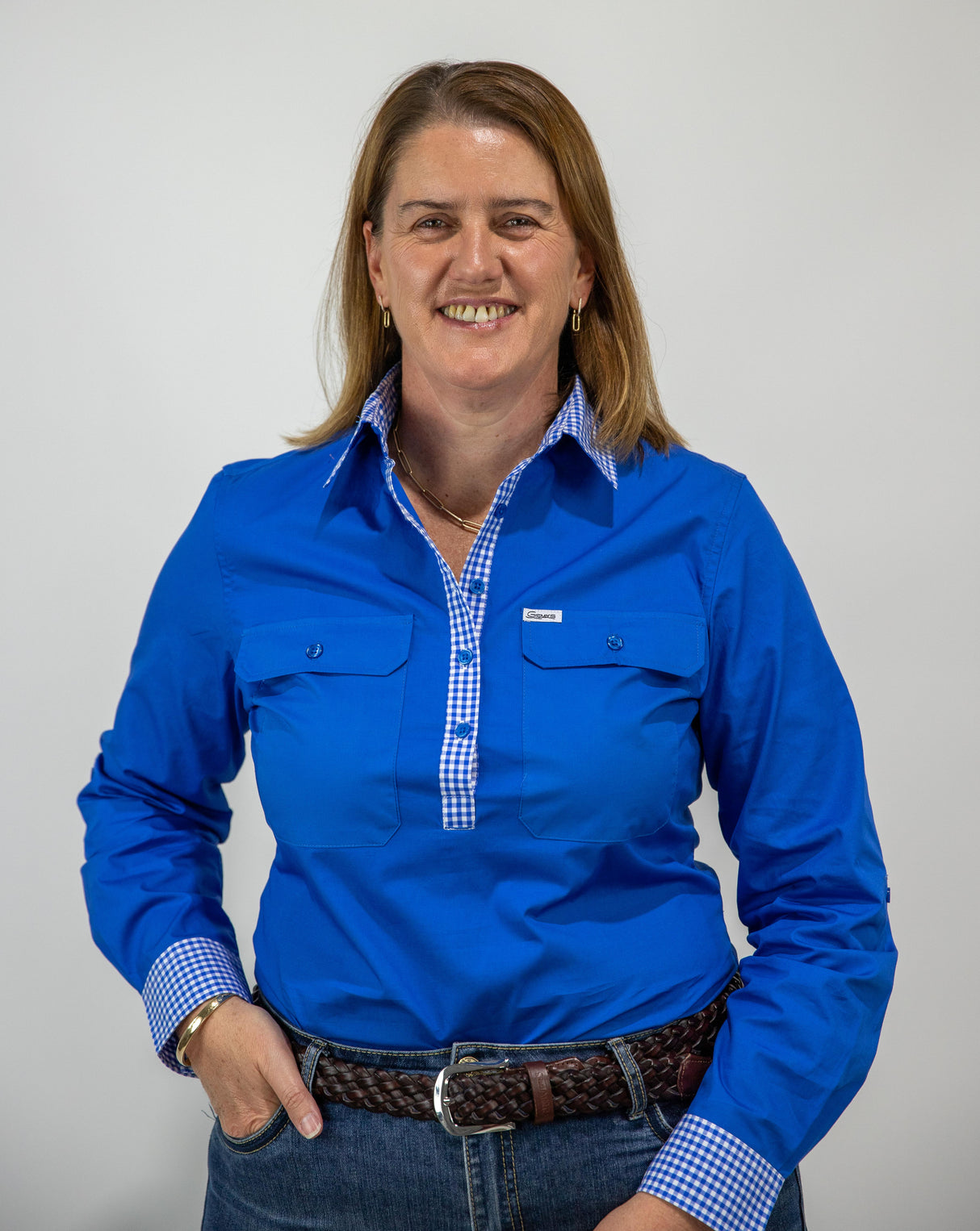 Beth - 1/2 Button Front Blue with Gingham trim Long Sleeve Cotton Collared Shirt