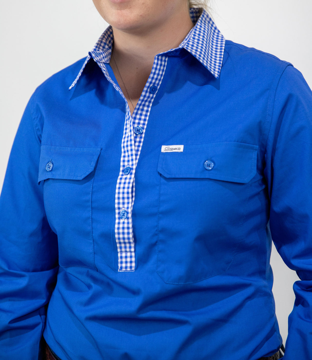 Beth - 1/2 Button Front Blue with Gingham trim Long Sleeve Cotton Collared Shirt