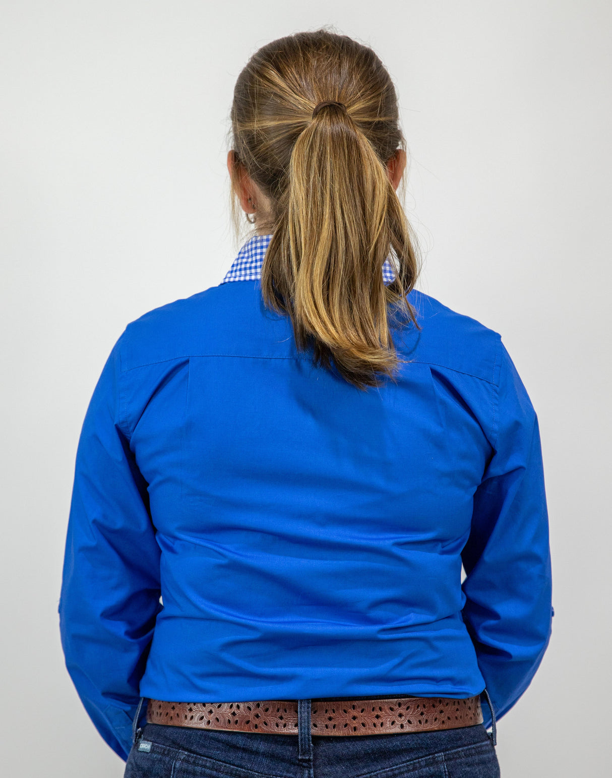 Beth - 1/2 Button Front Blue with Gingham trim Long Sleeve Cotton Collared Shirt